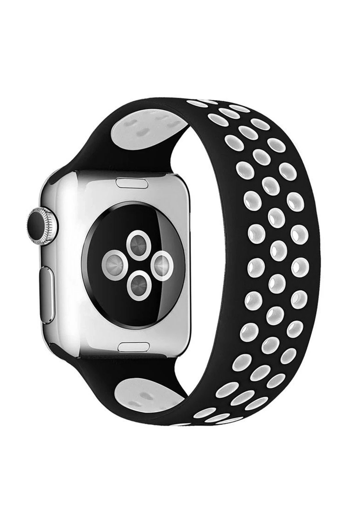 Apple Watch 38mm Ayarlı Delikli Silikon Kordon - Siyah-Beyaz-(5796)