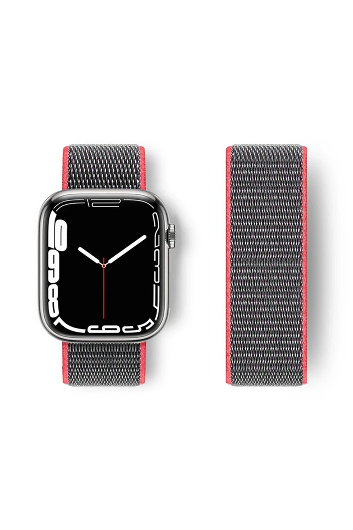 Apple Watch 42mm Hasırlı Cırtcırtlı Kordon - Pembe-Gri-(5796)