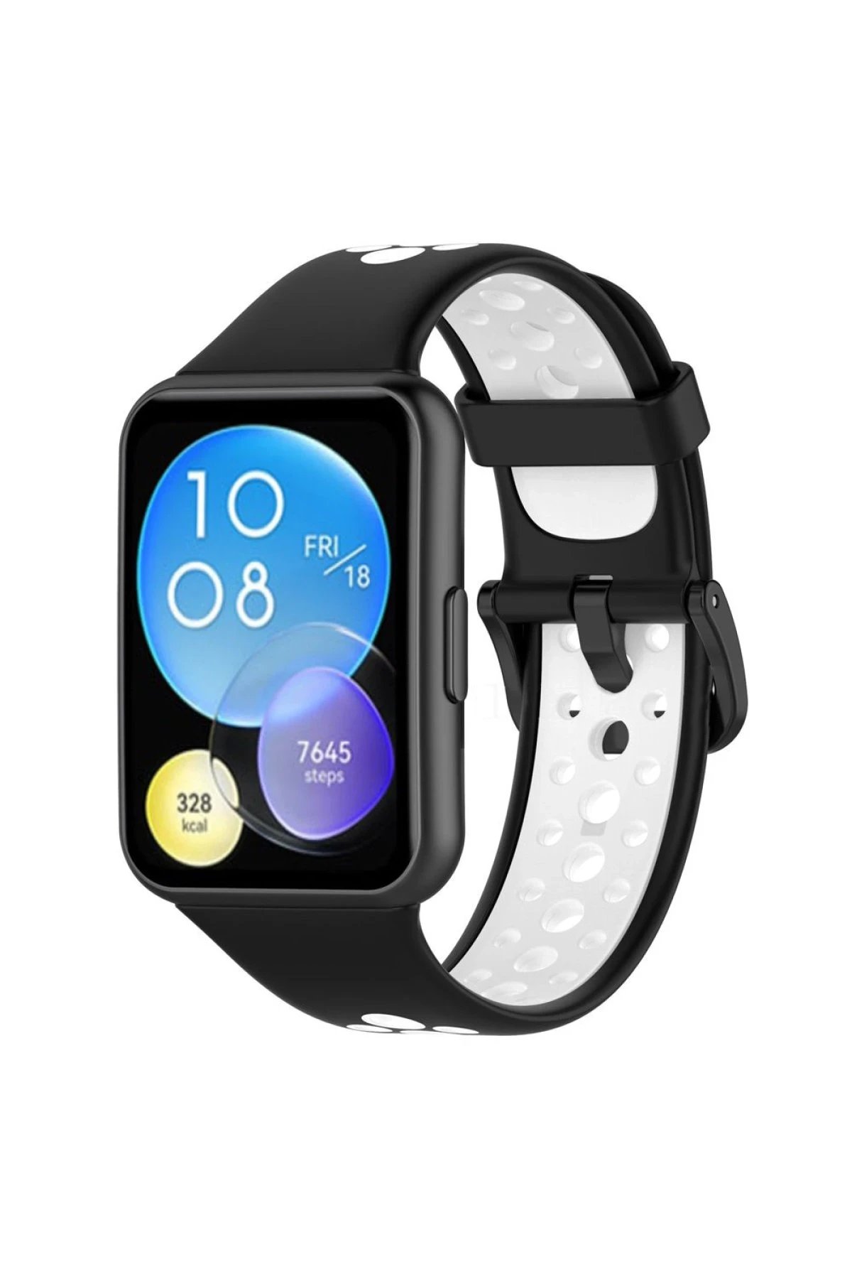 Huawei Watch Fit 2 Spor Delikli Kordon - Siyah-Beyaz-(5796)