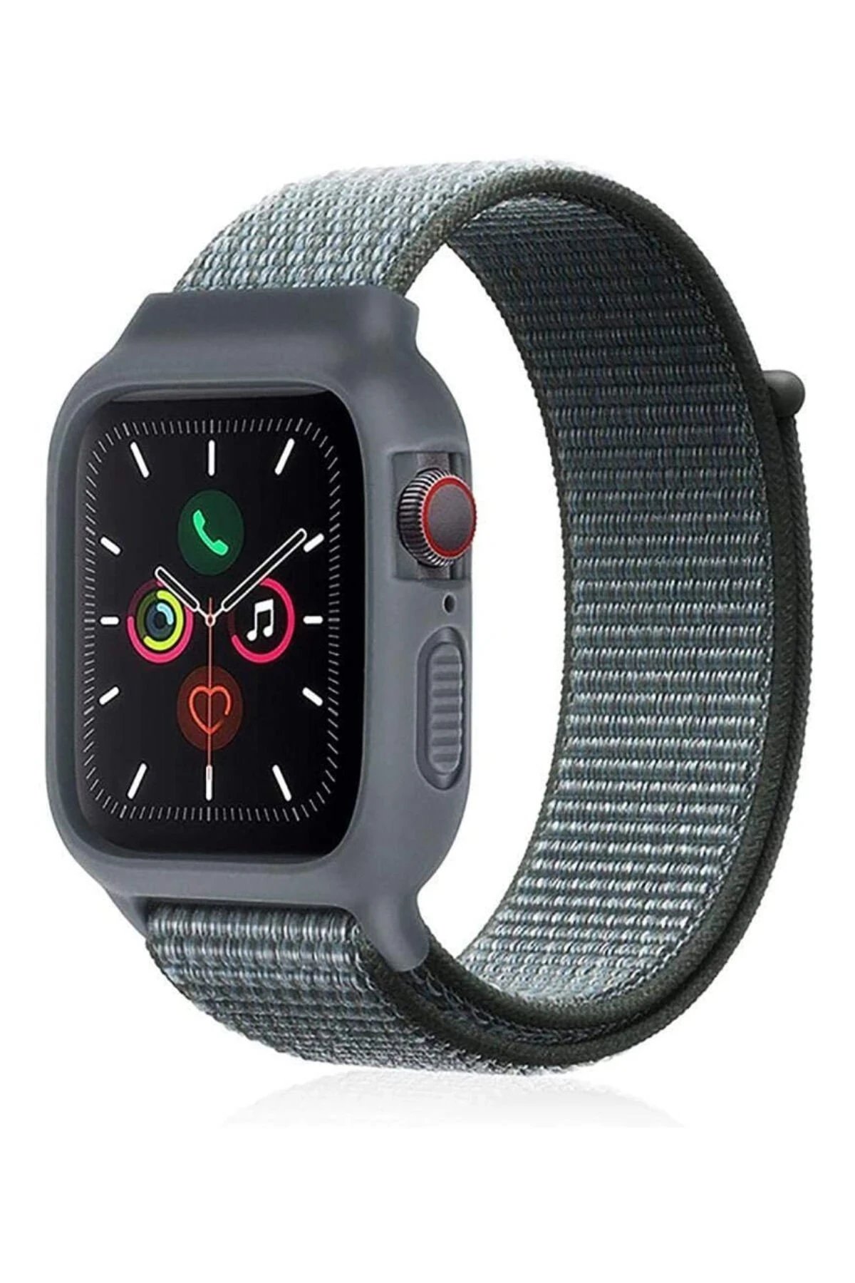 Apple Watch 38mm Hasırlı Cırtcırtlı Kasalı Kordon - Gri-Turkuaz-(5796)