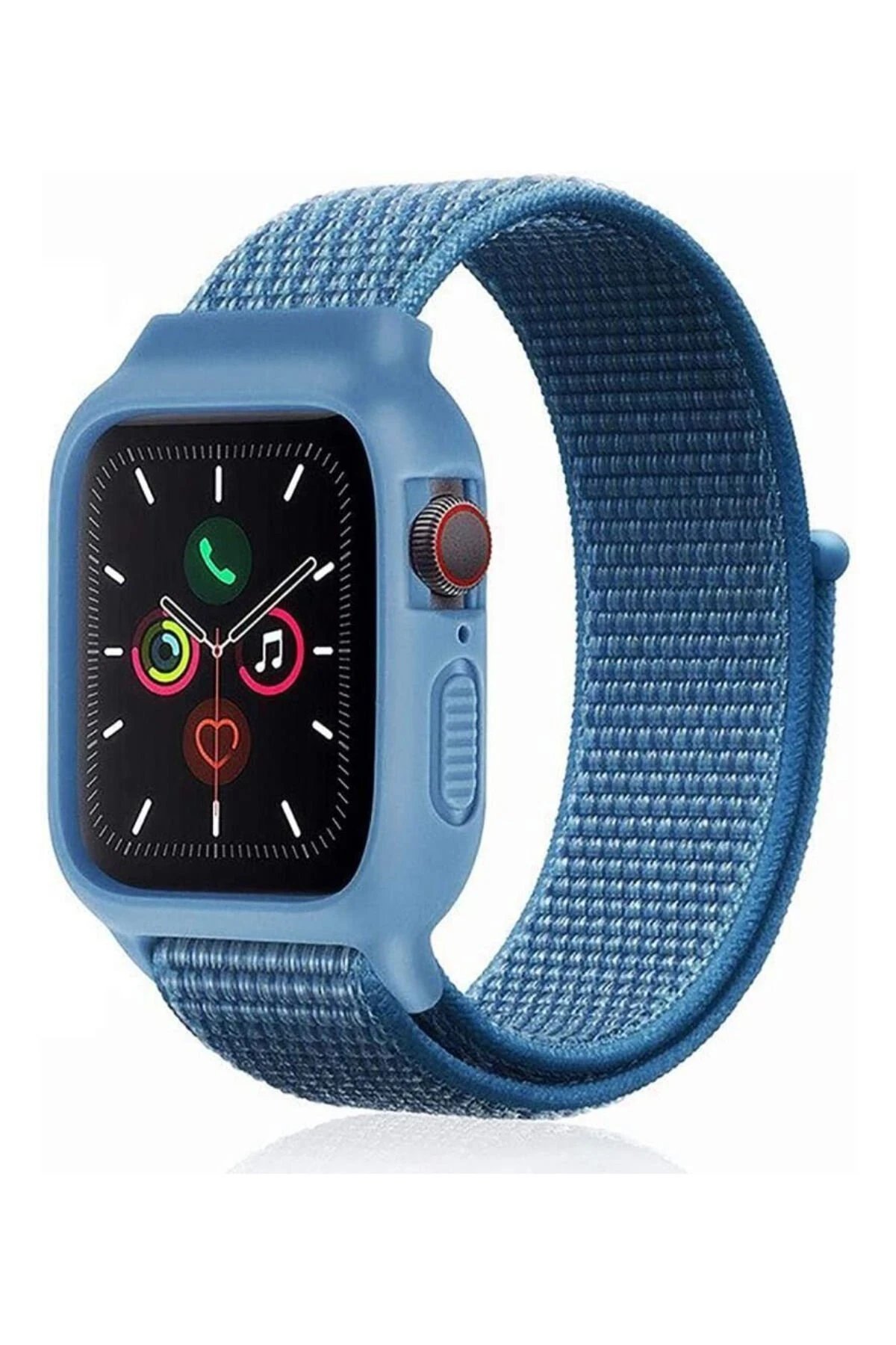Apple Watch 42mm Hasırlı Cırtcırtlı Kasalı Kordon - Mavi-(5796)