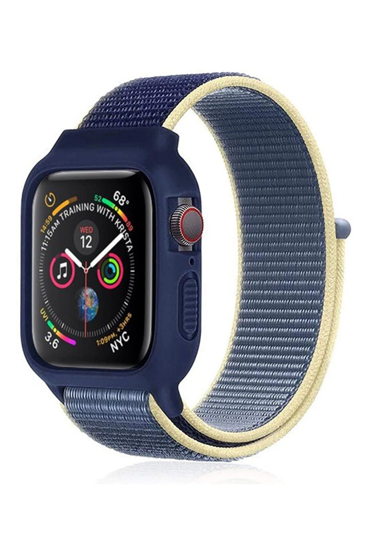 Apple Watch 42mm Hasırlı Cırtcırtlı Kasalı Kordon - Sarı-Lacivert-(5796)