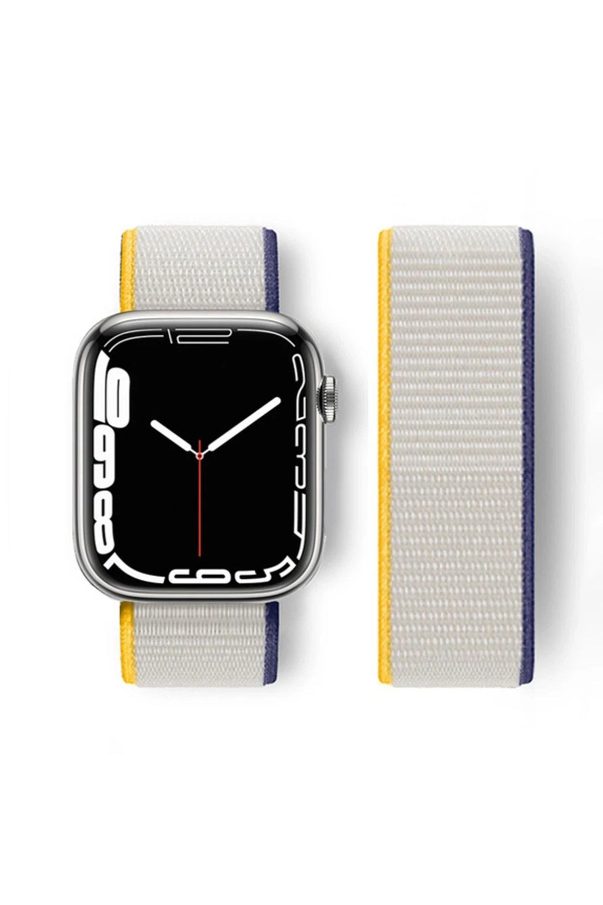 Apple Watch 38mm Hasırlı Cırtcırtlı Kordon - Sarı-Beyaz-(5796)