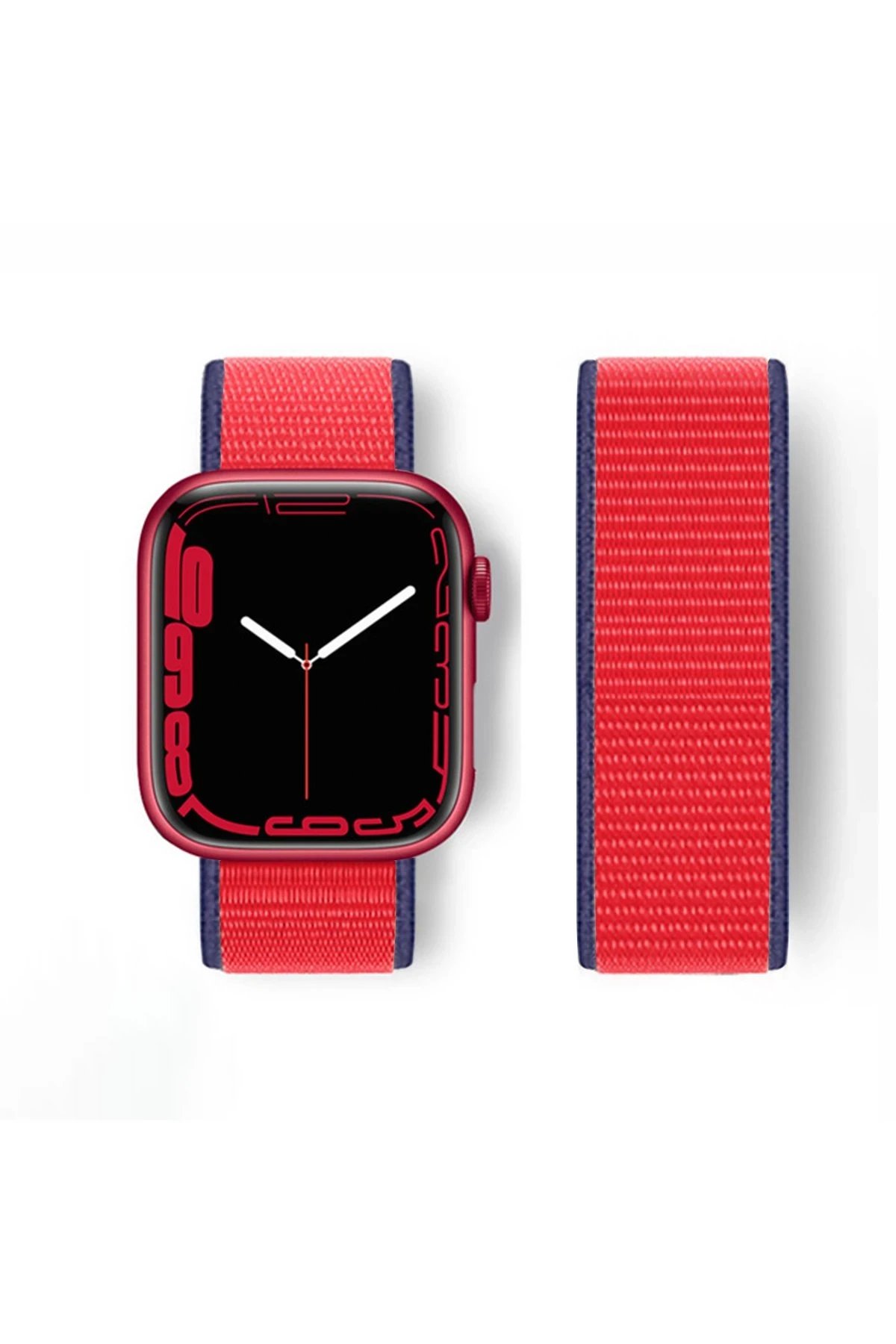 Apple Watch 38mm Hasırlı Cırtcırtlı Kordon - Lacivert-Kırmızı-(5796)