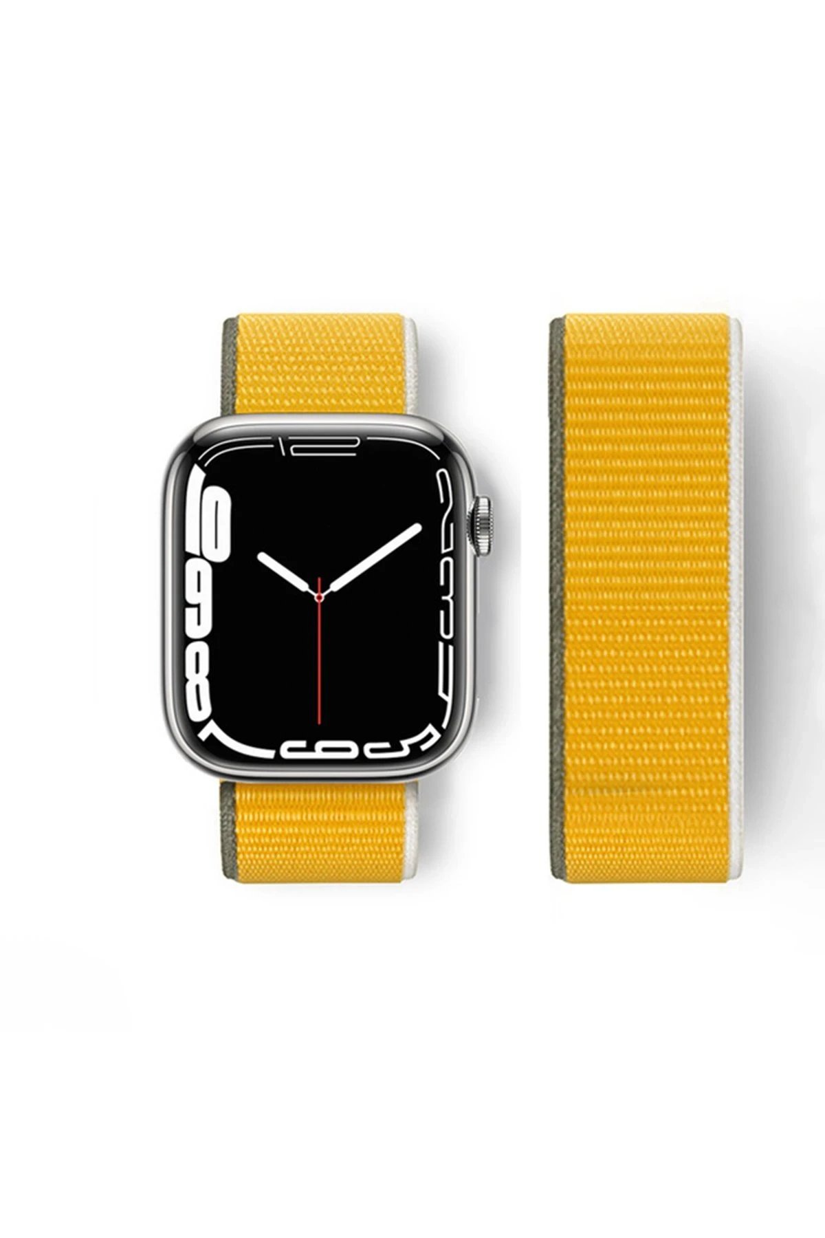 Apple Watch 42mm Hasırlı Cırtcırtlı Kordon - Sarı-(5796)