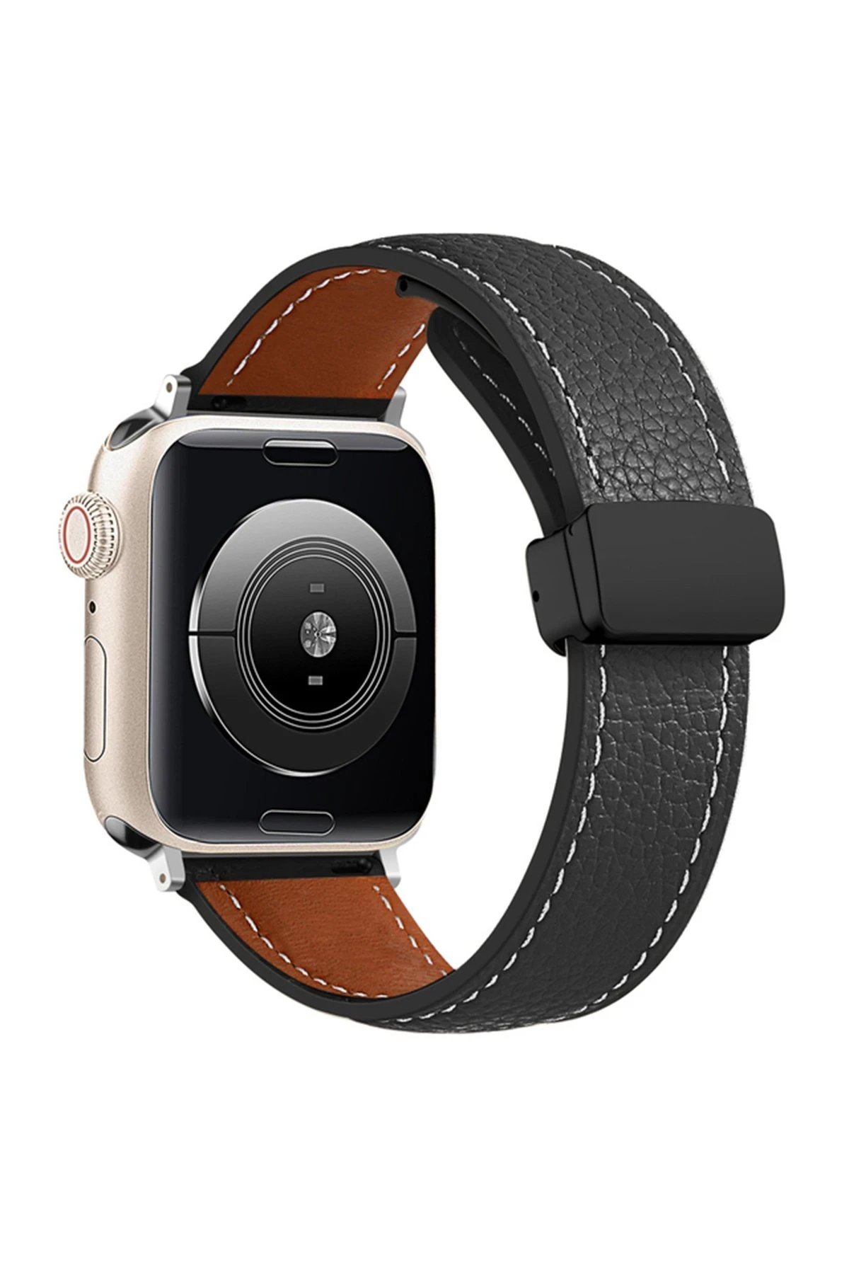 Apple Watch 38mm KR414 Daks Deri Kordon - Siyah-(5796)