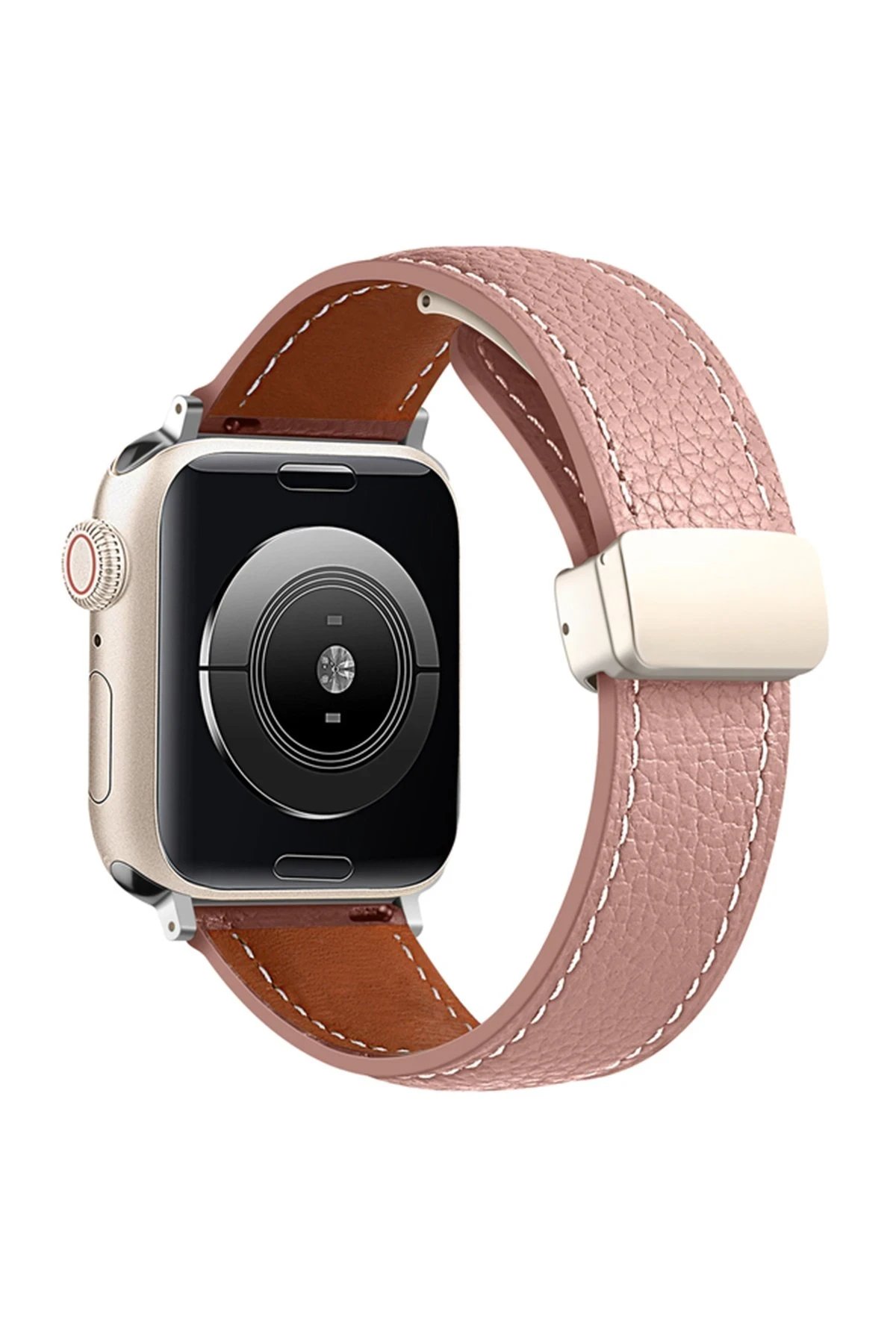 Apple Watch 42mm KR414 Daks Deri Kordon - Pembe-(5796)