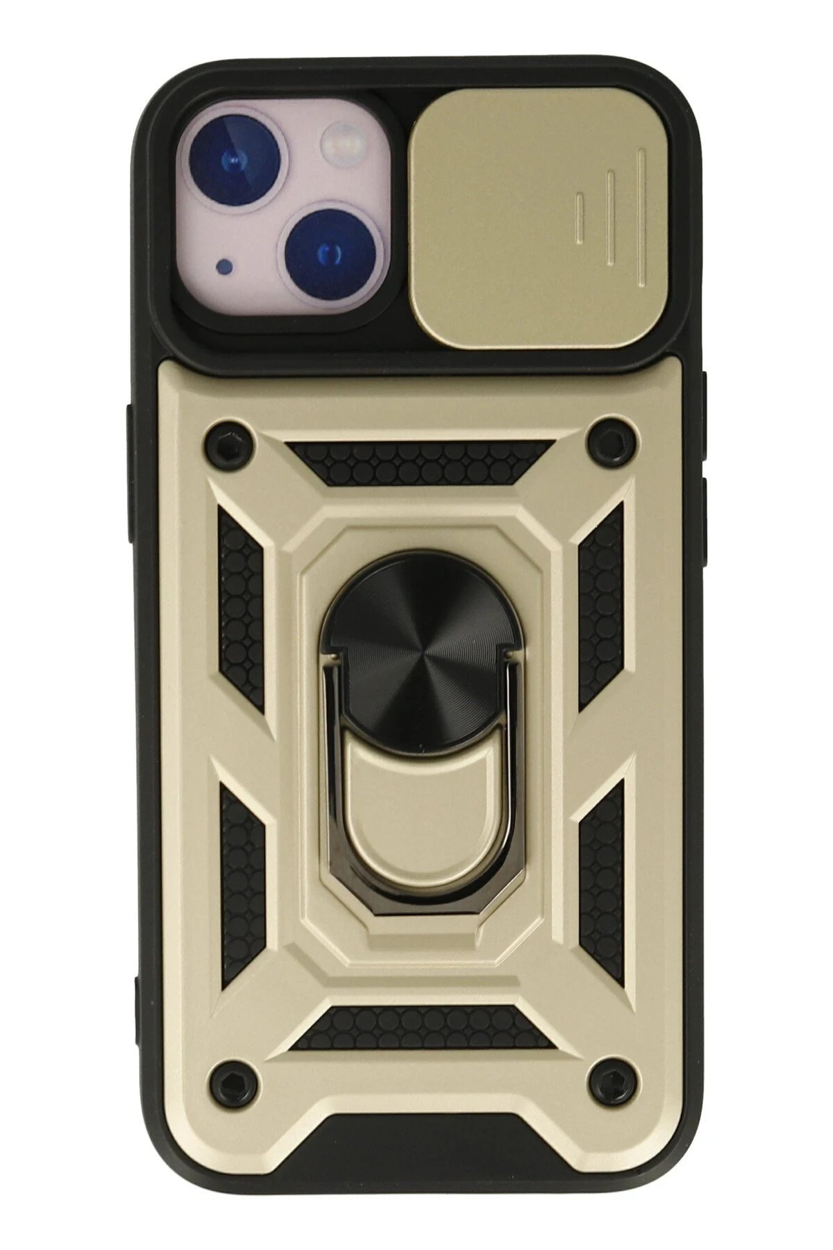 iPhone 15 Kılıf Pars Lens Yüzüklü Silikon - Gold-(5796)