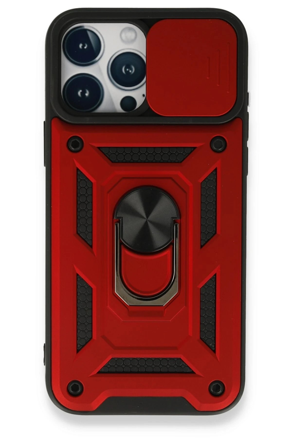 iPhone 15 Pro Max Kılıf Pars Lens Yüzüklü Silikon - Kırmızı-(5796)
