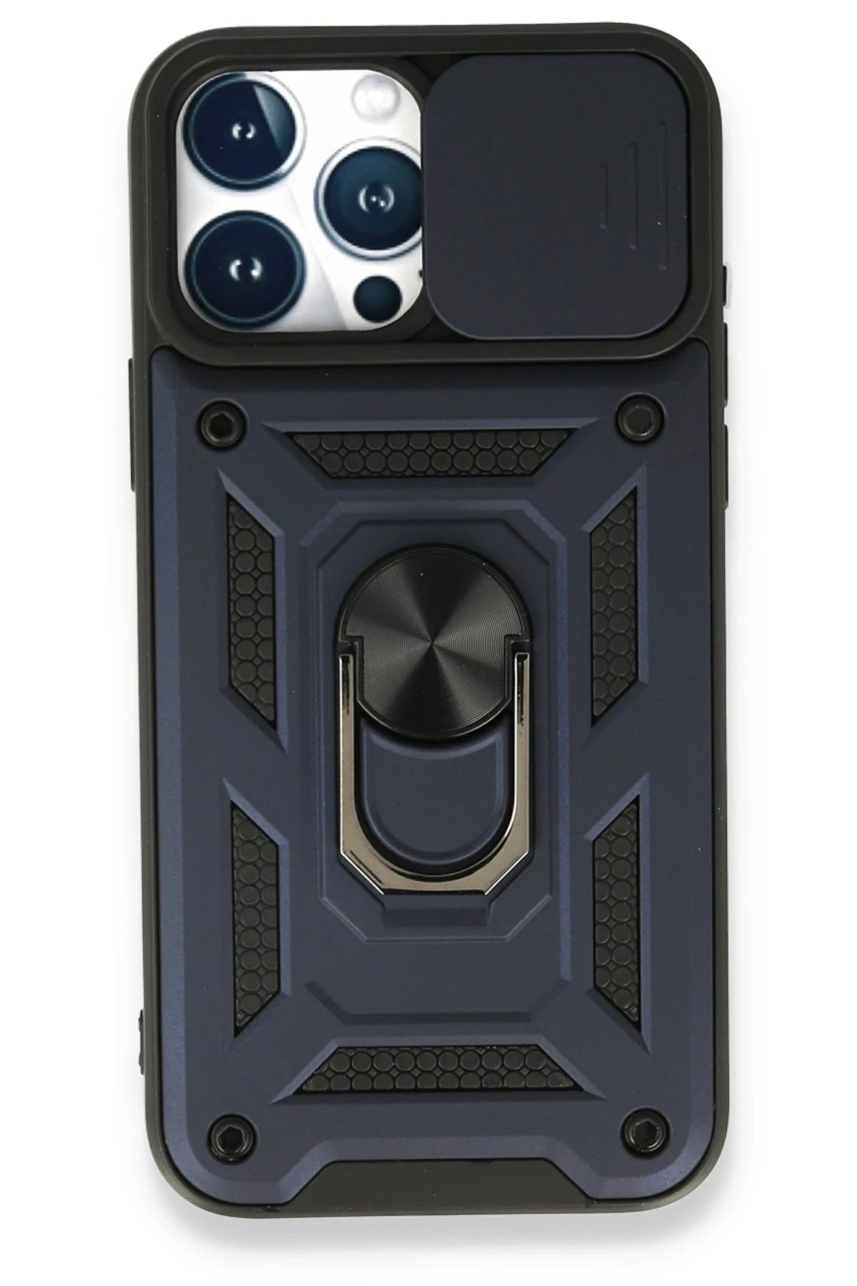 iPhone 15 Pro Max Kılıf Pars Lens Yüzüklü Silikon - Lacivert-(5796)