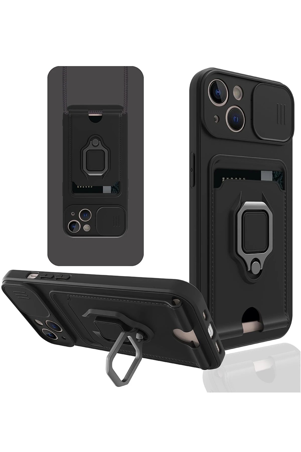 iPhone 15 Kılıf Zuma Kartvizitli Yüzüklü Silikon - Siyah-(5796)