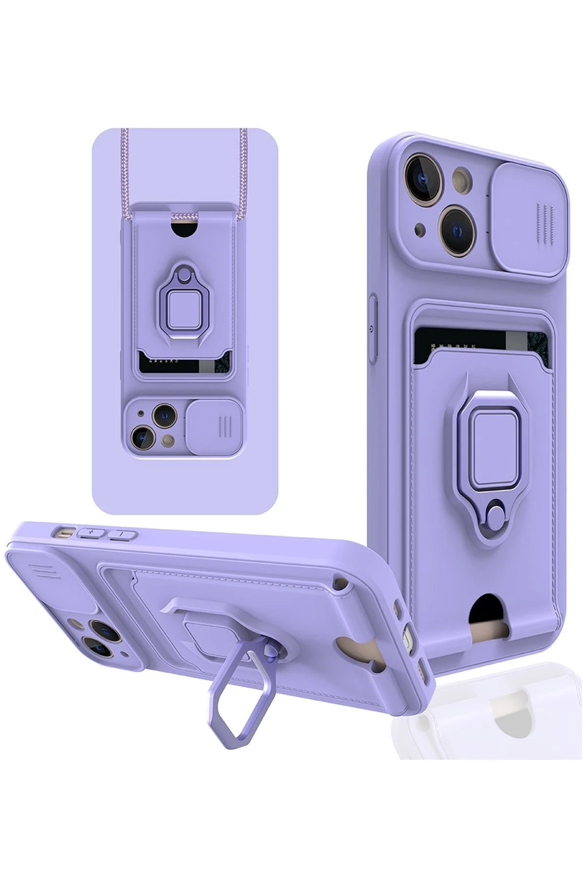 iPhone 15 Kılıf Zuma Kartvizitli Yüzüklü Silikon - Lila-(5796)
