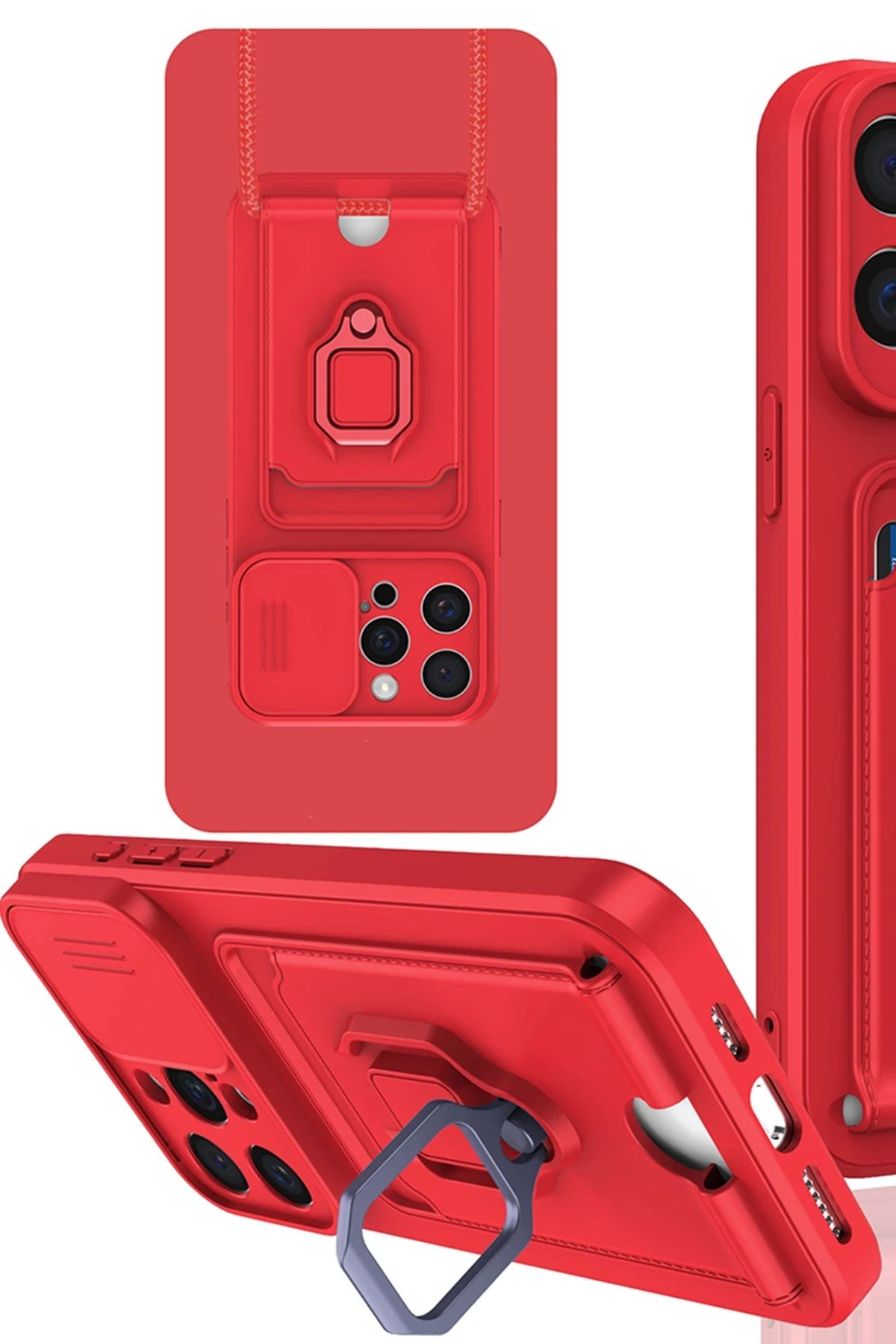 iPhone 15 Pro Kılıf Zuma Kartvizitli Yüzüklü Silikon - Kırmızı-(5796)