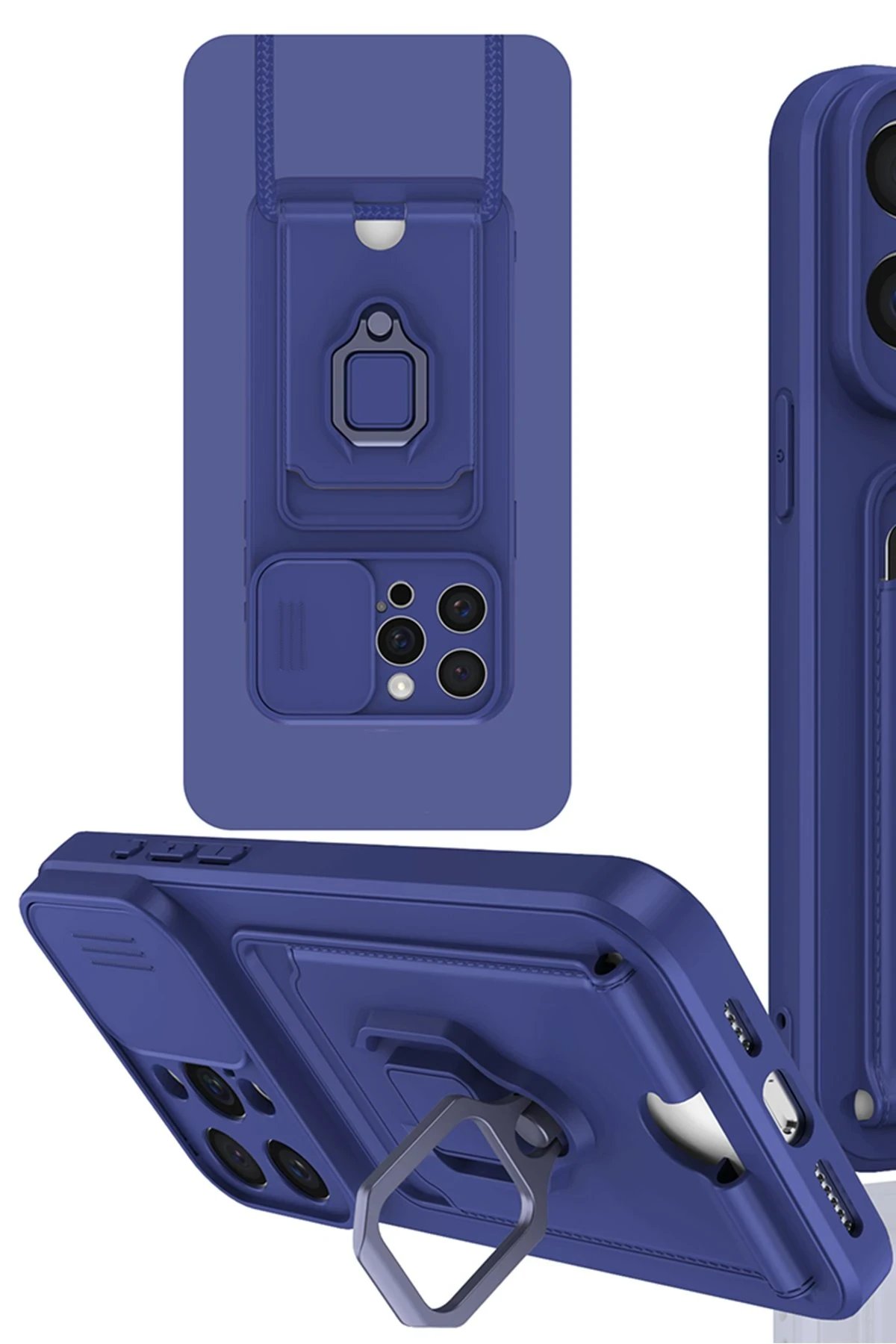 iPhone 15 Pro Kılıf Zuma Kartvizitli Yüzüklü Silikon - Lacivert-(5796)