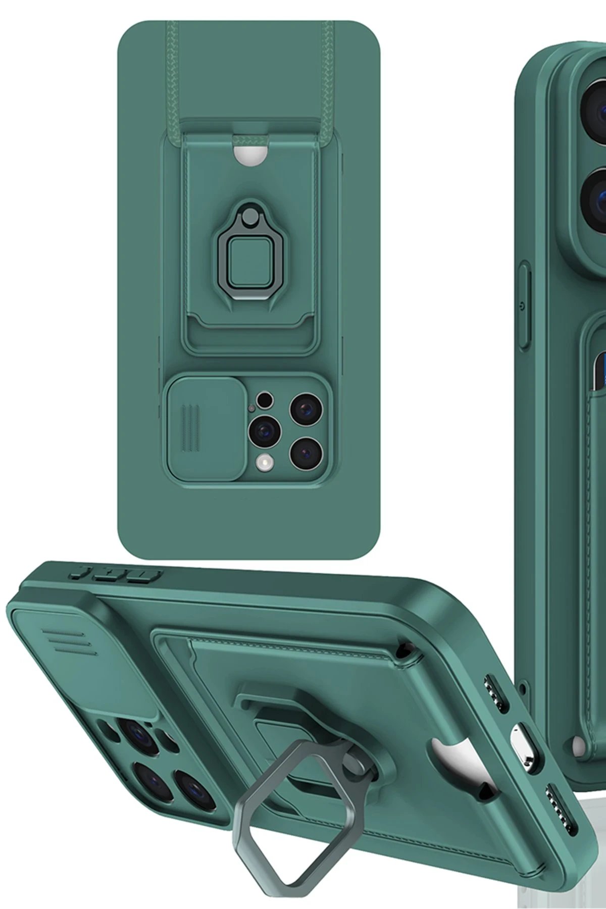 iPhone 15 Pro Kılıf Zuma Kartvizitli Yüzüklü Silikon - Yeşil-(5796)