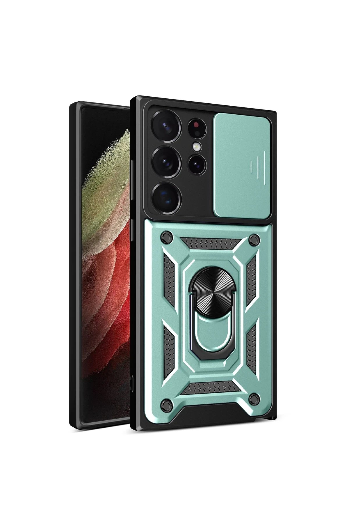 Samsung Galaxy S23 Ultra Kılıf Pars Lens Yüzüklü Silikon - Yeşil-(5796)