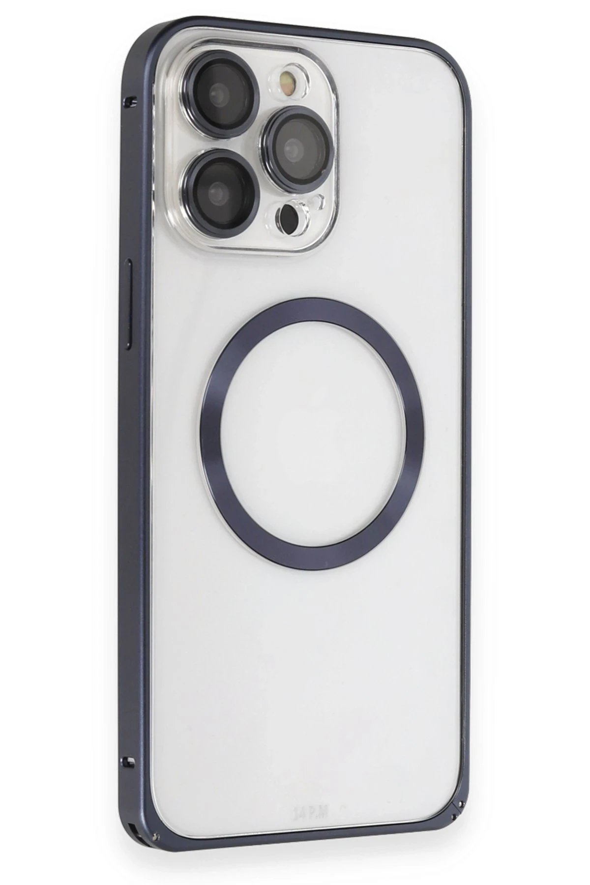 iPhone 15 Pro Kılıf Metal Bumper Magneticsafe Kapak - Lacivert-(5796)