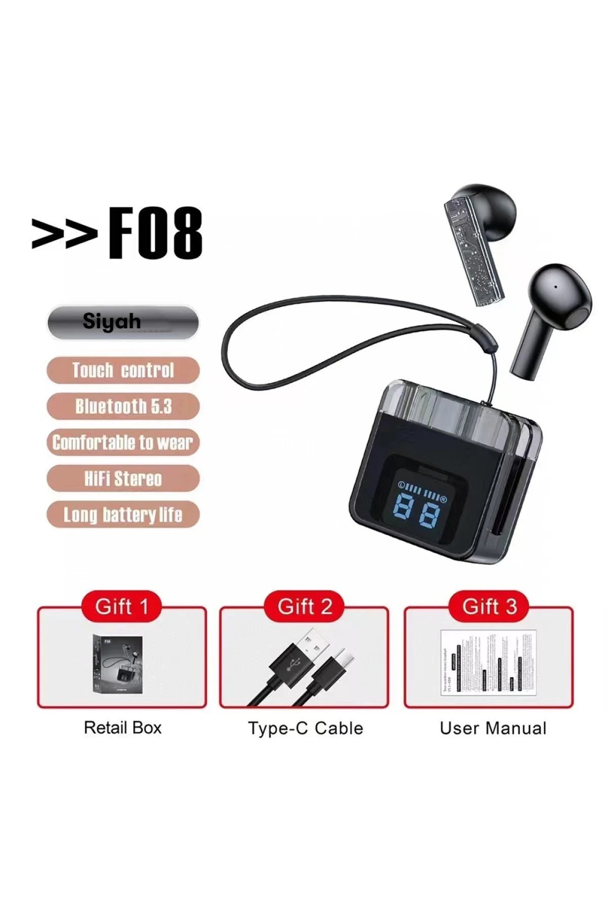 F08 Dijital Şarj Göstergeli TWS Bluetooth Kulaklık - Siyah-(5796)