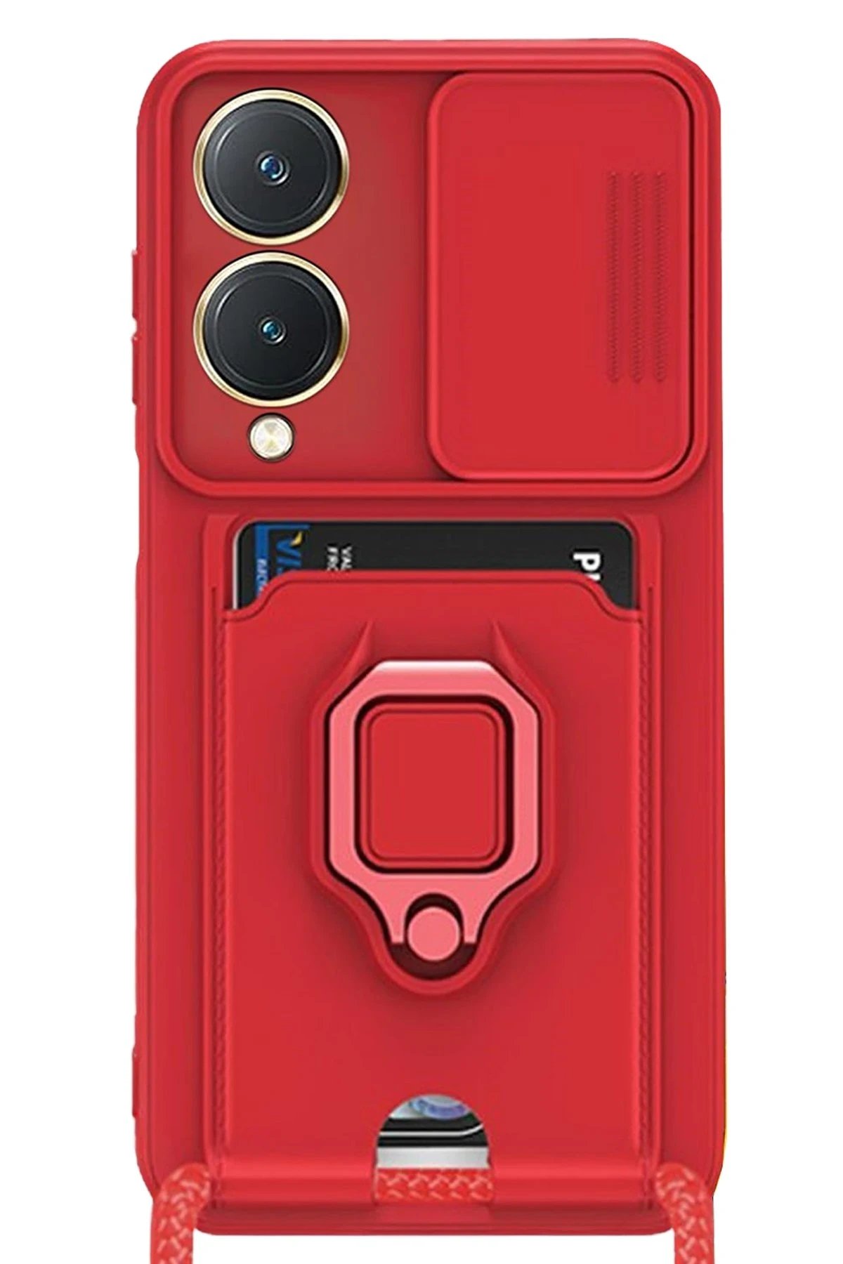 Vivo Y17S Kılıf Zuma Kartvizitli Yüzüklü Silikon - Kırmızı-(5796)
