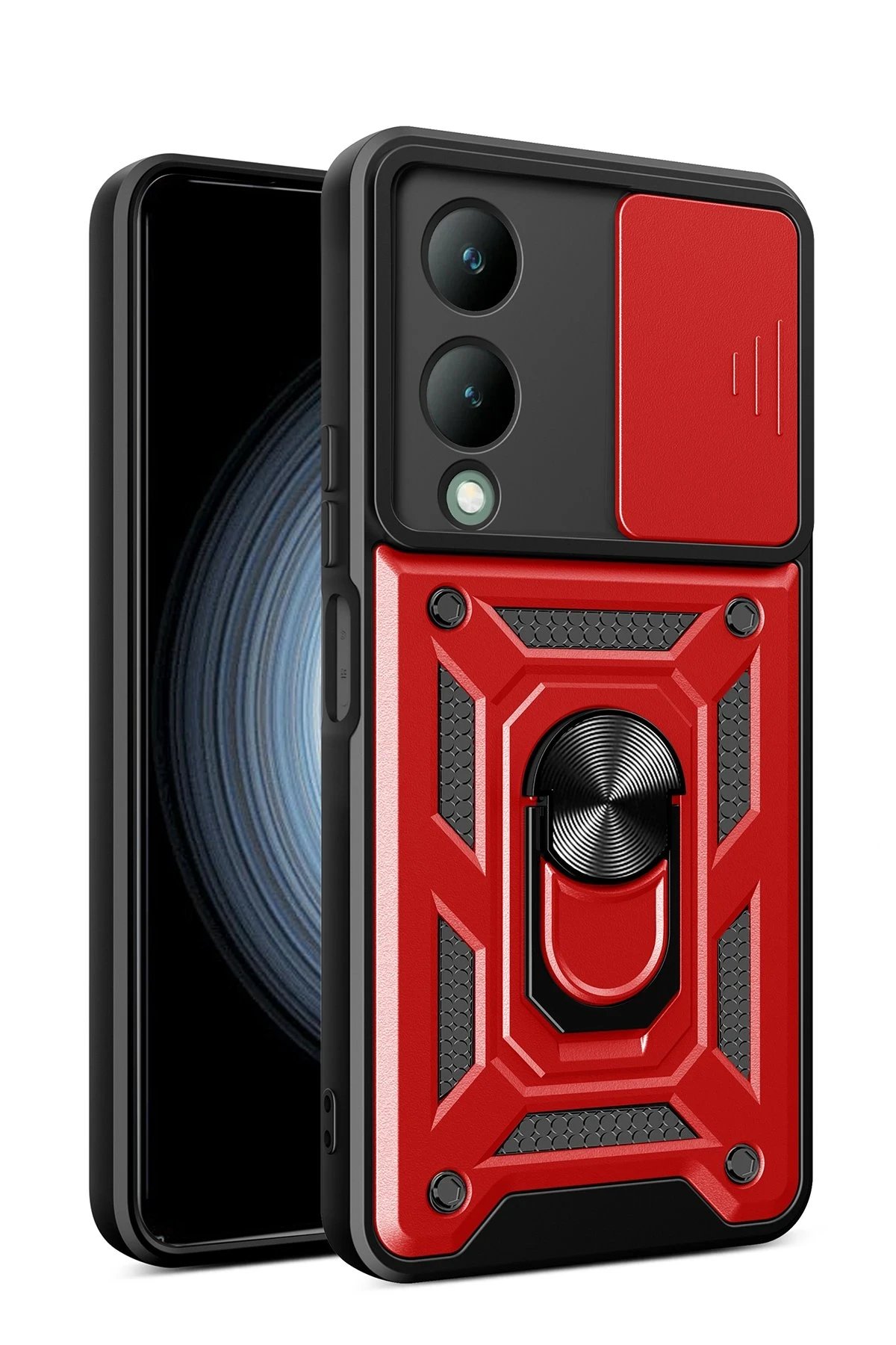 Vivo Y17S Kılıf Pars Lens Yüzüklü Silikon - Kırmızı-(5796)