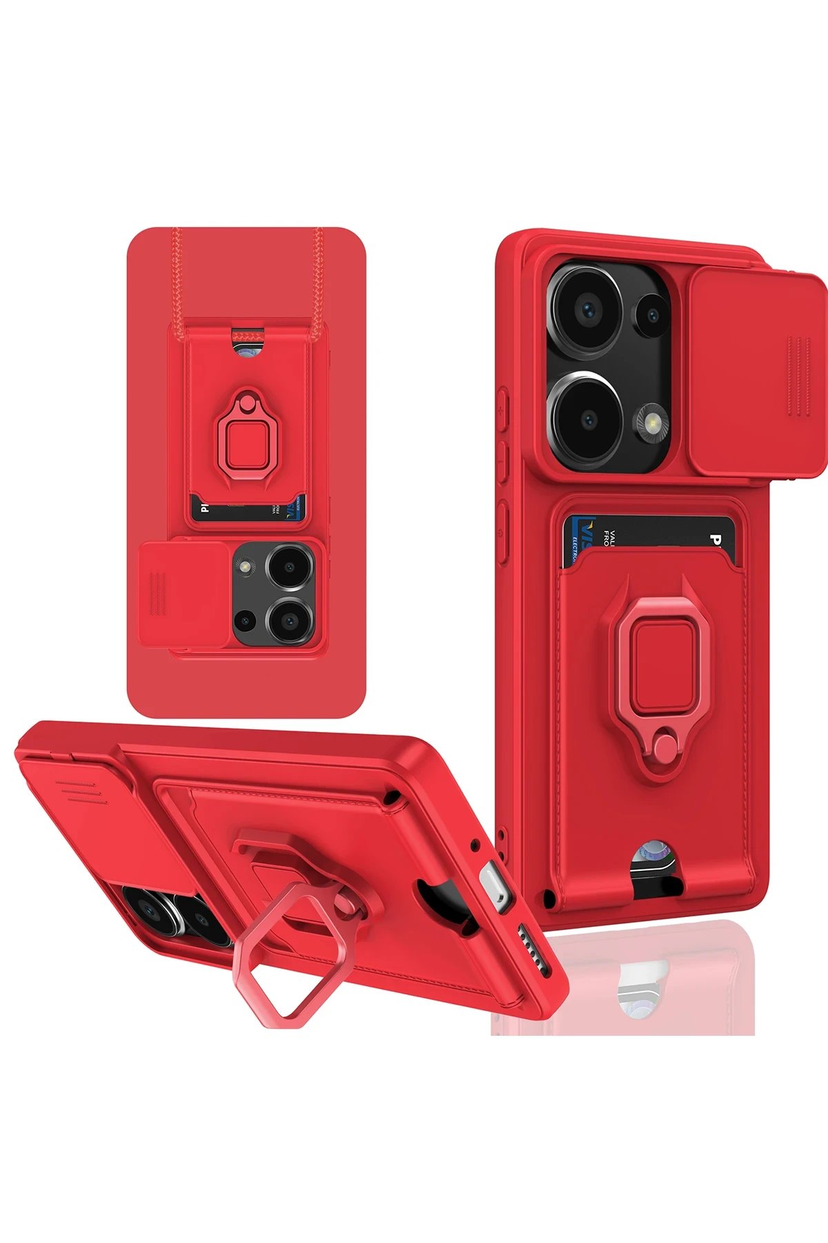 Xiaomi Redmi Note 13 Pro 4G Kılıf Zuma Kartvizitli Yüzüklü Silikon - Kırmızı-(5796)