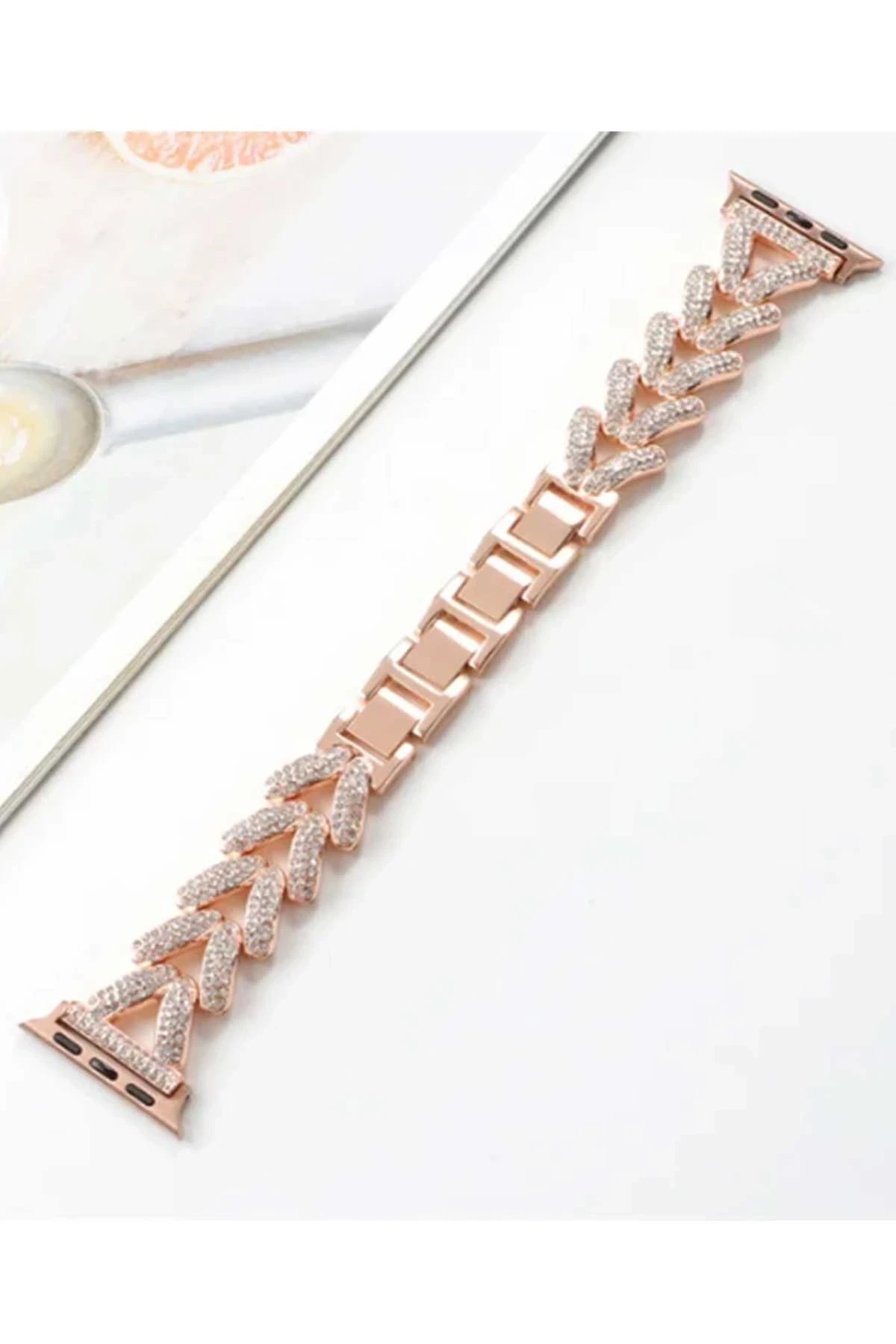 Apple Watch 42mm Node Taşlı Kordon - Rose Gold-(5796)