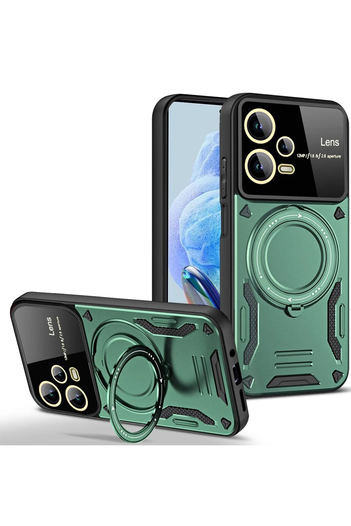 Xiaomi Redmi Note 12 Pro 5G Kılıf Joy Lens Standlı Kapak - Koyu Yeşil-(5796)