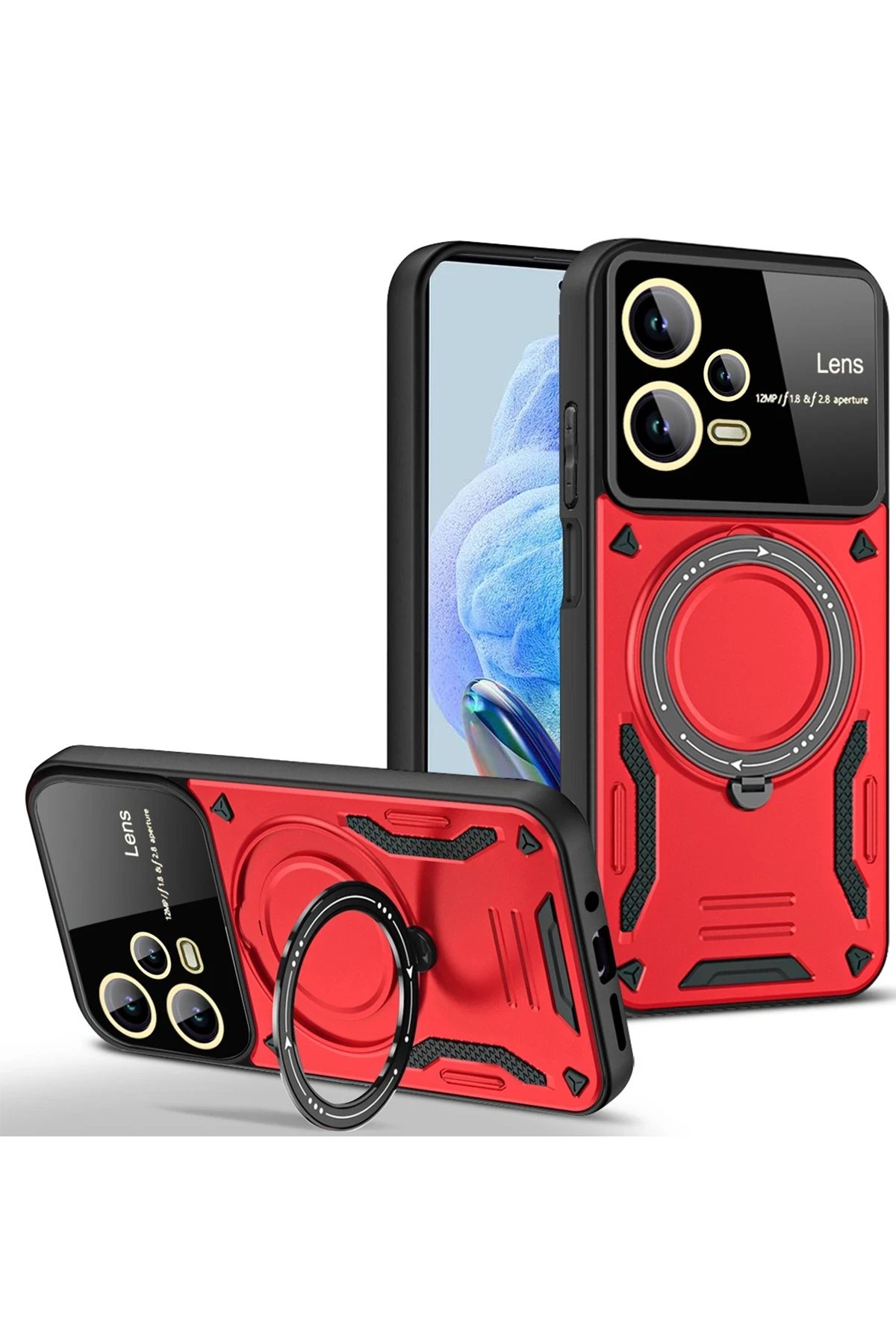 Xiaomi Redmi Note 12 Pro 5G Kılıf Joy Lens Standlı Kapak - Kırmızı-(5796)