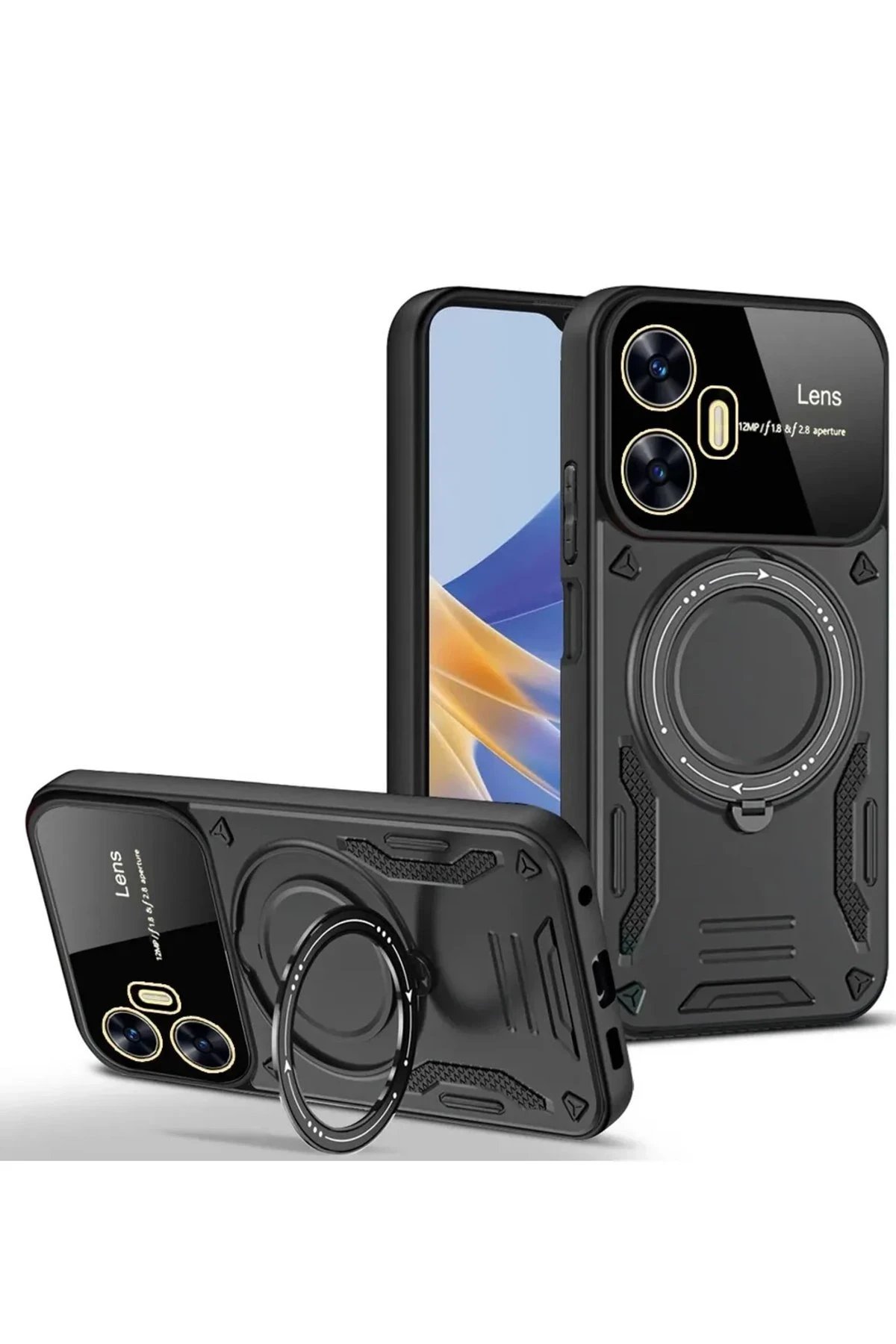 Realme C55 Kılıf Joy Lens Standlı Kapak - Siyah-(5796)