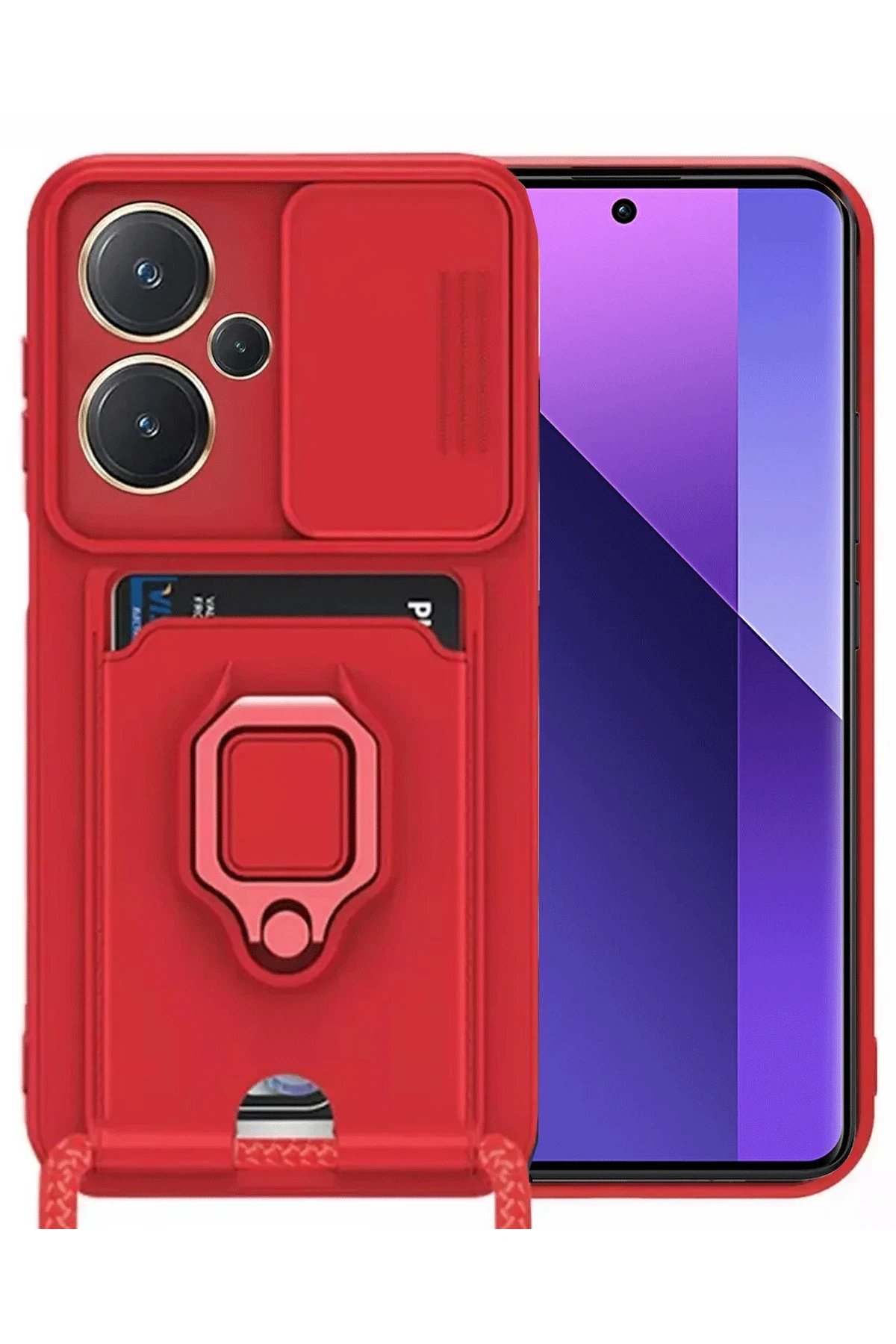 Xiaomi Redmi Note 13 Pro Plus Kılıf Zuma Kartvizitli Yüzüklü Silikon - Kırmızı-(5796)