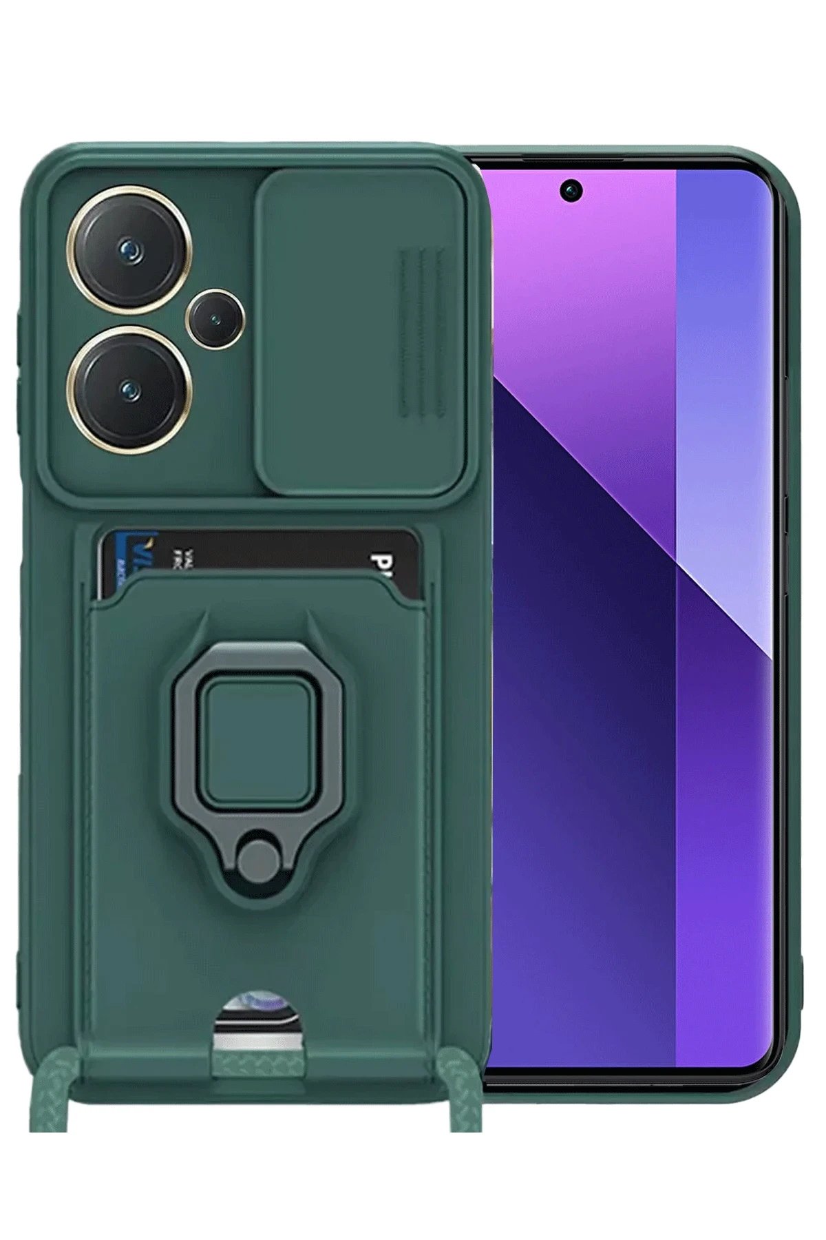 Xiaomi Redmi Note 13 Pro Plus Kılıf Zuma Kartvizitli Yüzüklü Silikon - Yeşil-(5796)
