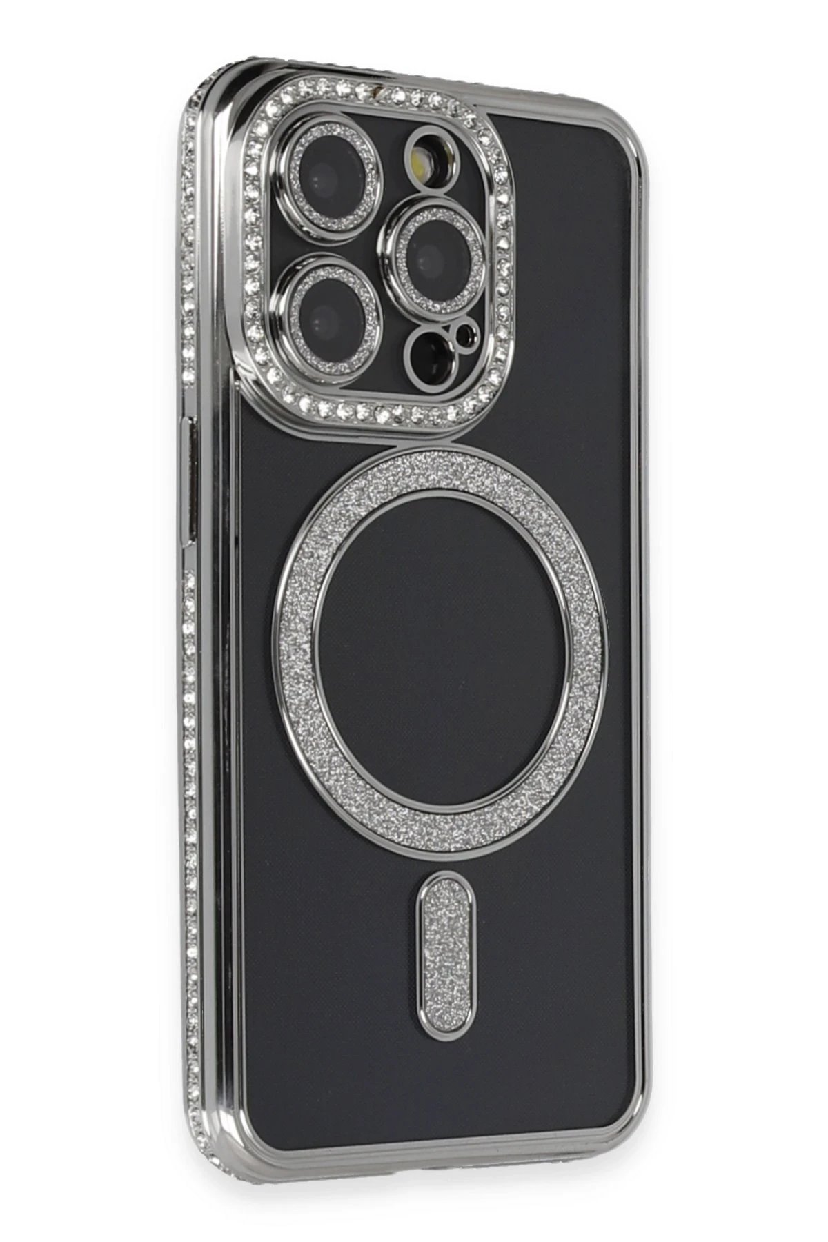 iPhone 14 Pro Max Kılıf Joke Simli Magneticsafe Kılıf - Gri-(5796)