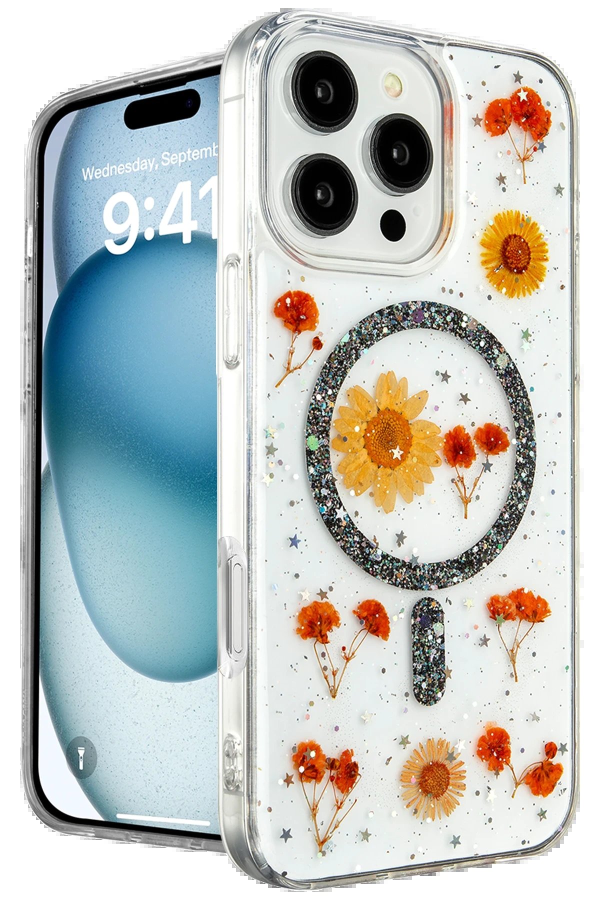 iPhone 16 Pro Kılıf Daisy Simli Magsafe Kapak - Siyah-(5796)