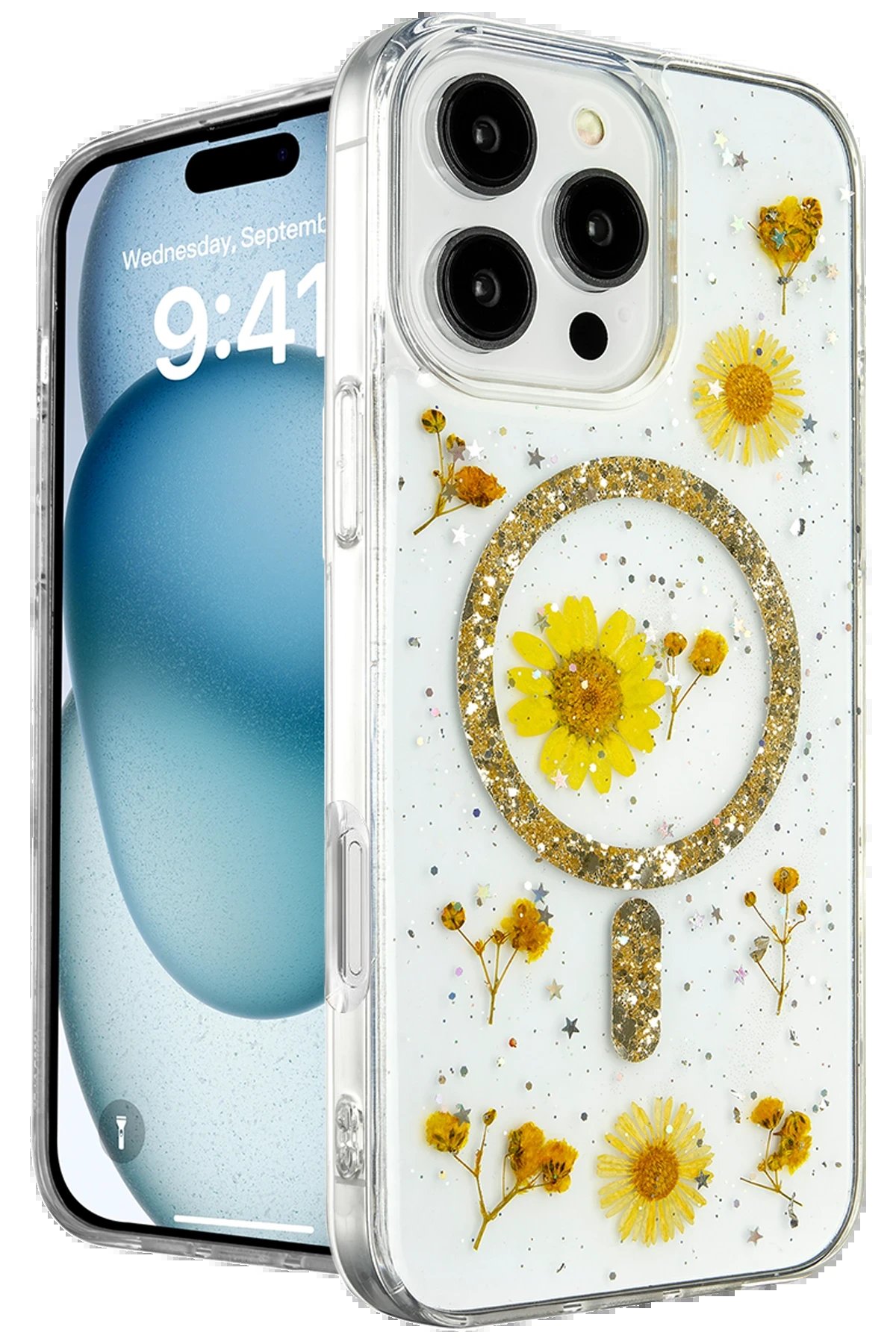 iPhone 16 Pro Kılıf Daisy Simli Magsafe Kapak - Gold-(5796)