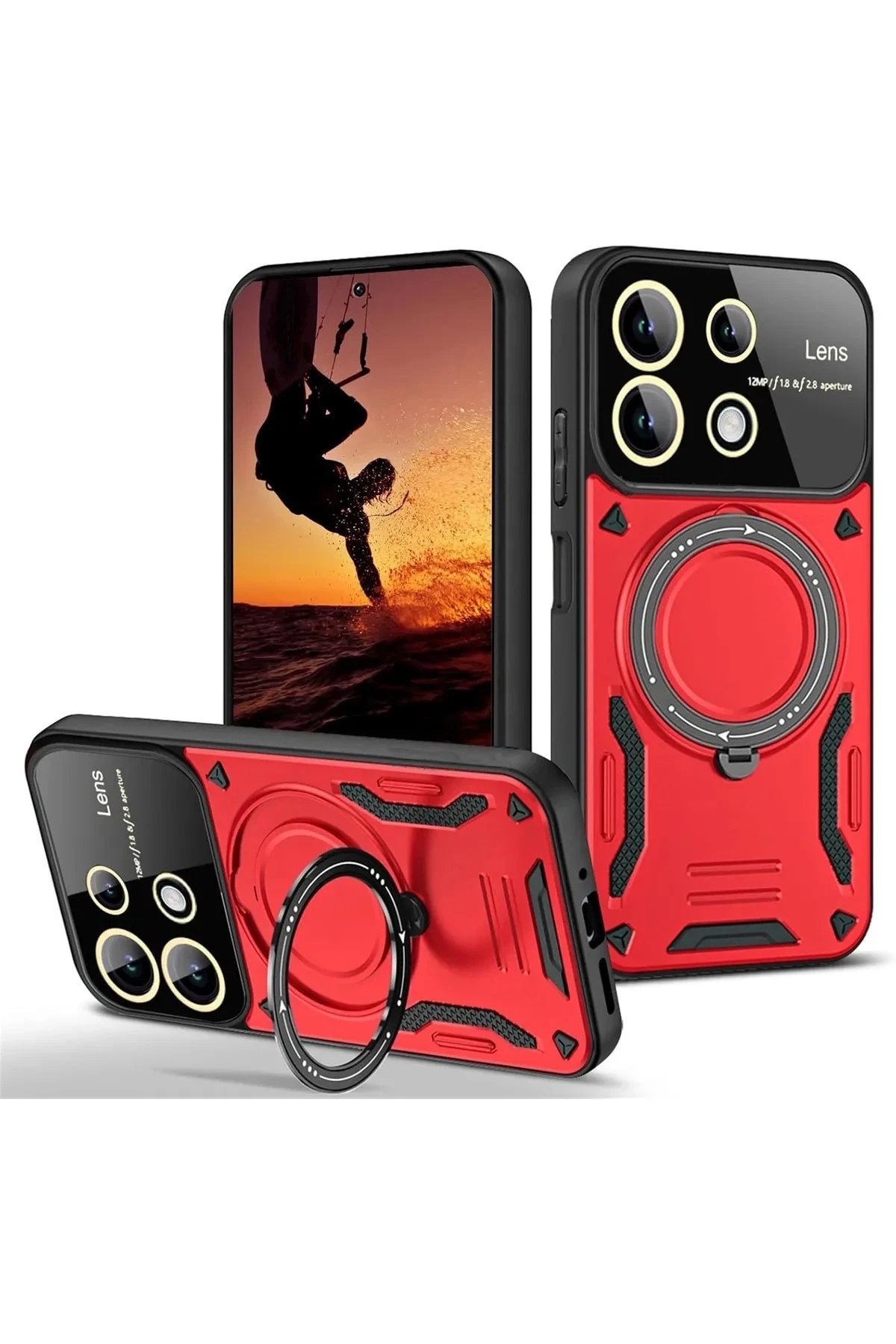 Xiaomi Redmi 13 4G Kılıf Joy Lens Standlı Kapak - Kırmızı-(5796)
