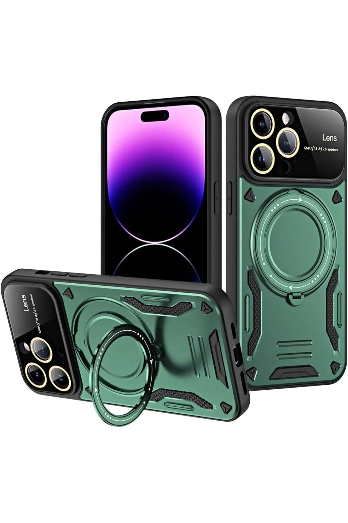 iPhone 16 Pro Kılıf Joy Lens Standlı Kapak - Koyu Yeşil-(5796)