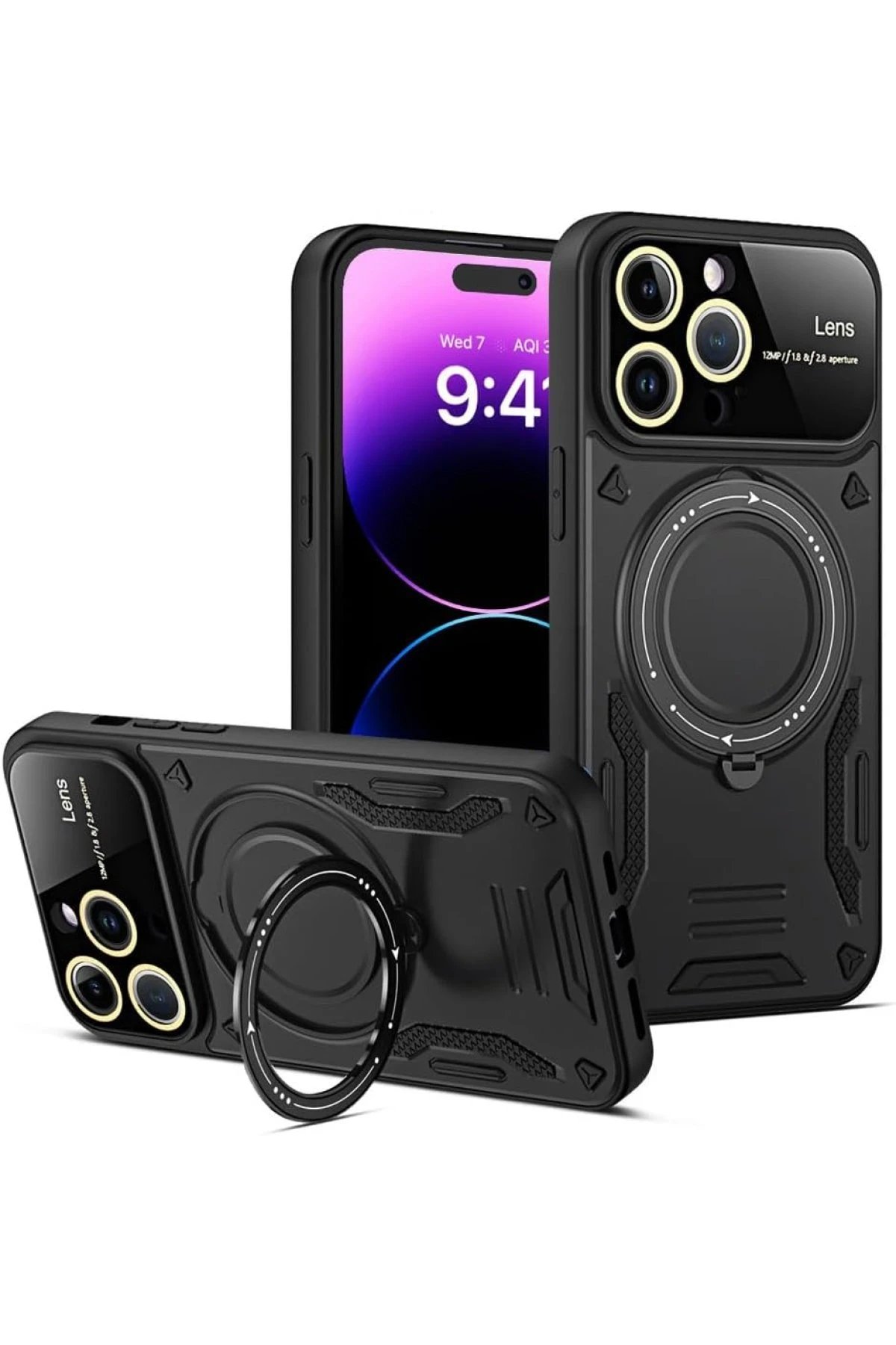 iPhone 16 Pro Max Kılıf Joy Lens Standlı Kapak - Siyah-(5796)