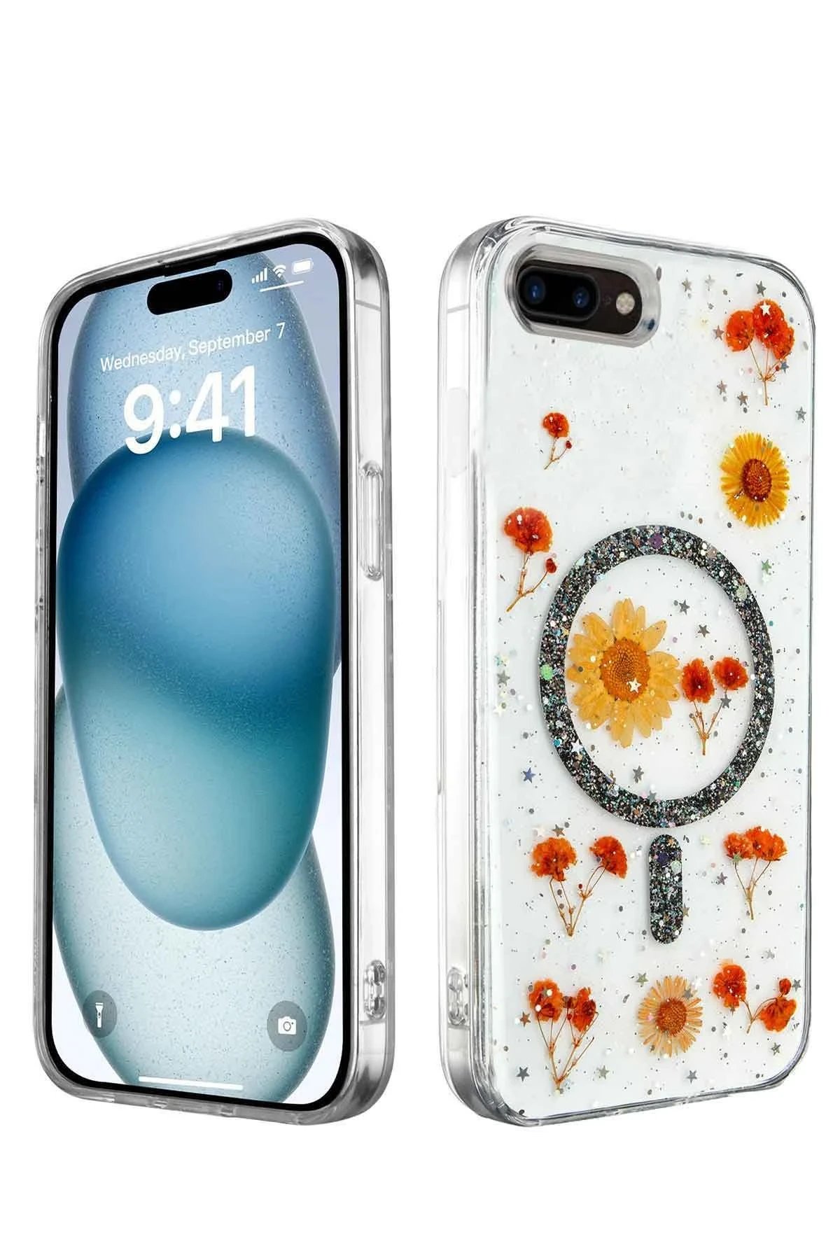 iPhone 7 Kılıf Daisy Simli Magsafe Kapak - Siyah-(5796)