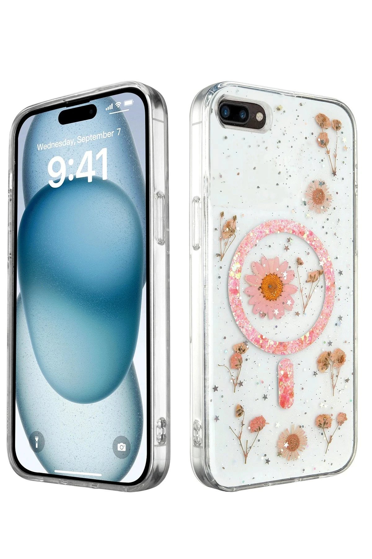 iPhone 7 Kılıf Daisy Simli Magsafe Kapak - Pembe-(5796)