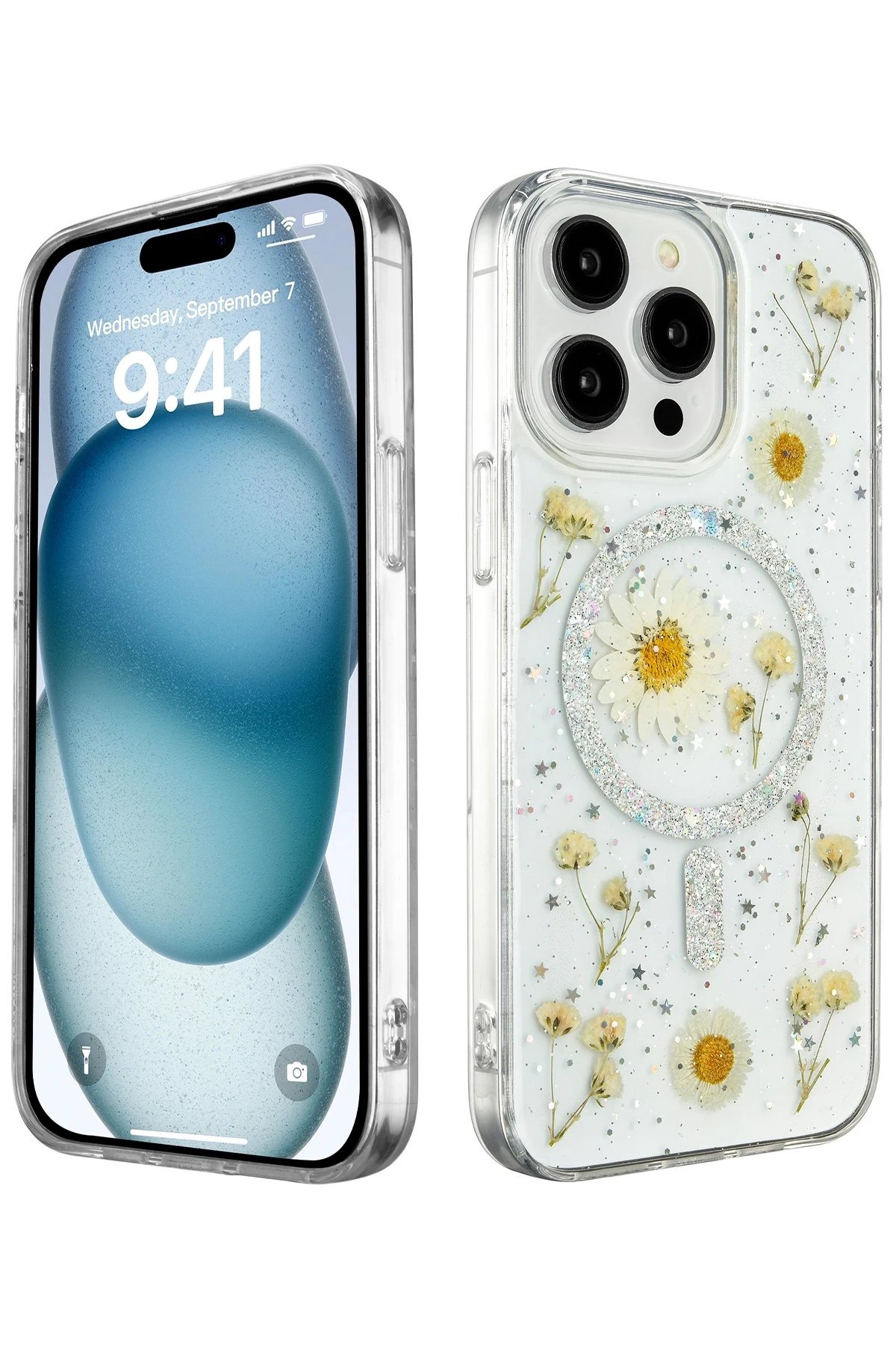 iPhone 14 Pro Max Kılıf Daisy Simli Magsafe Kapak - Gümüş-(5796)
