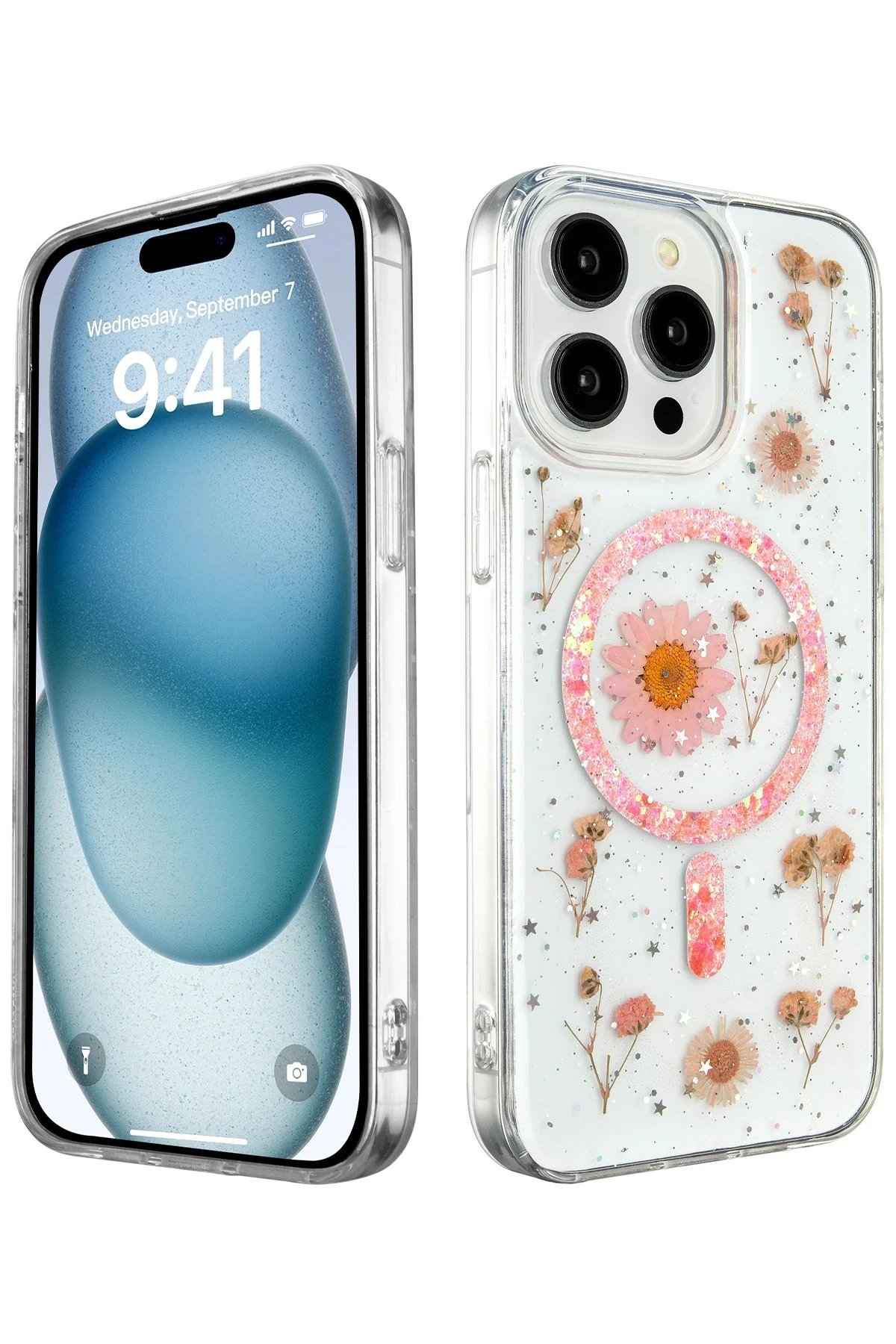 iPhone 14 Pro Max Kılıf Daisy Simli Magsafe Kapak - Pembe-(5796)