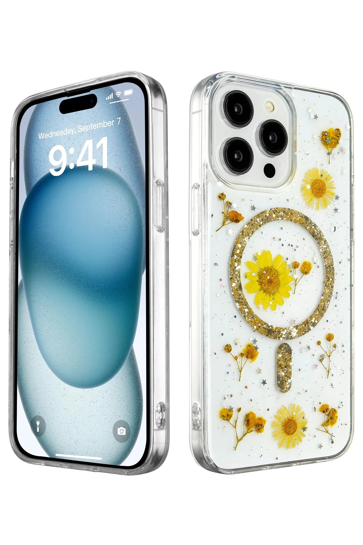 iPhone 14 Pro Max Kılıf Daisy Simli Magsafe Kapak - Gold-(5796)
