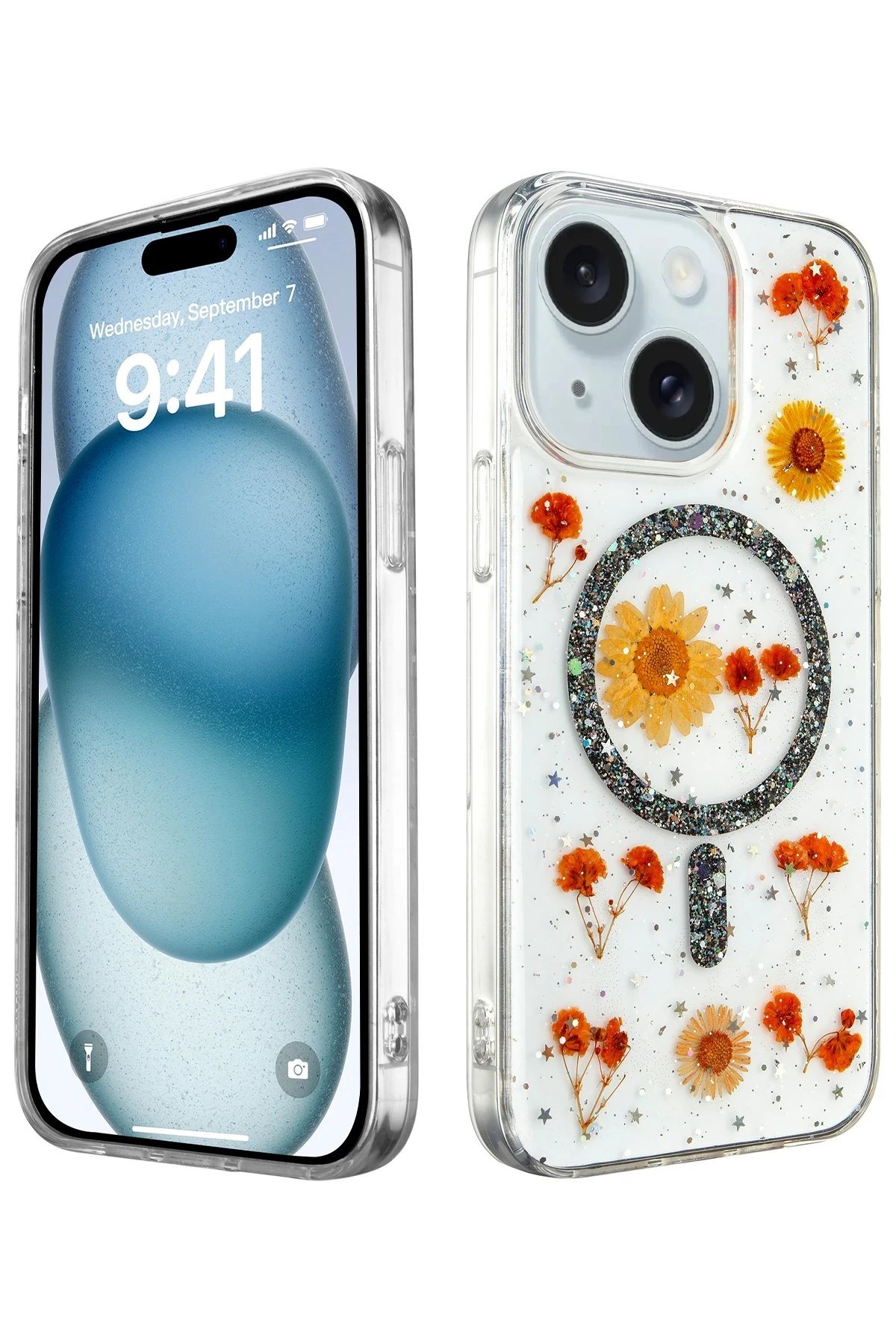 iPhone 15 Plus Kılıf Daisy Simli Magsafe Kapak - Siyah-(5796)