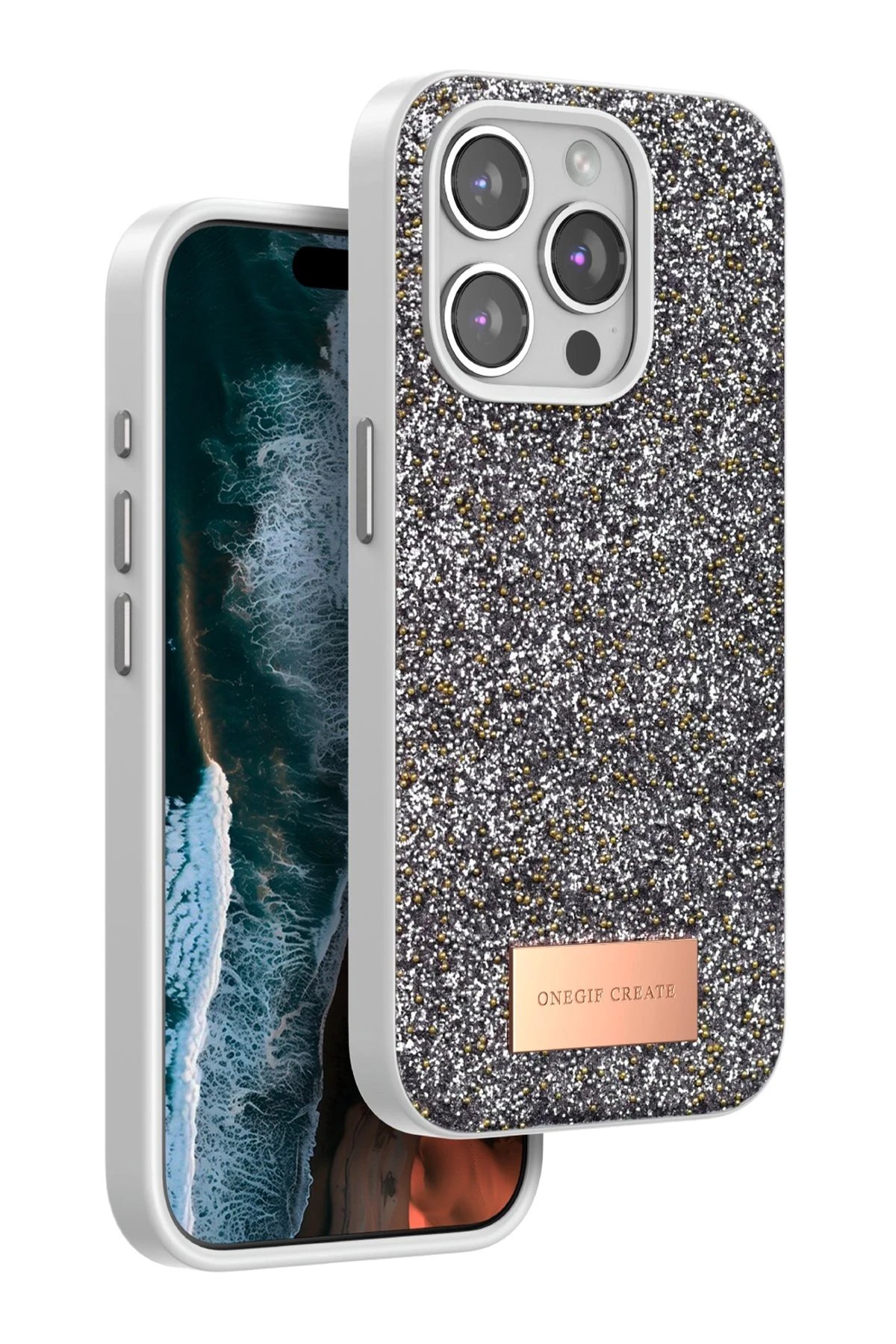 iPhone 15 Pro Bright Simli Kapak - Gümüş-(5796)
