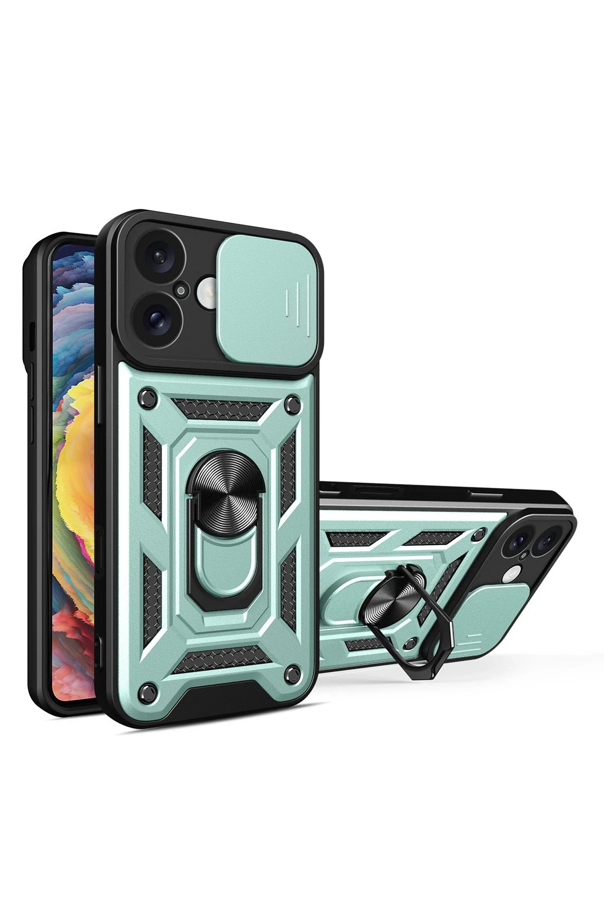 iPhone 16 Kılıf Pars Lens Yüzüklü Silikon - Yeşil-(5796)