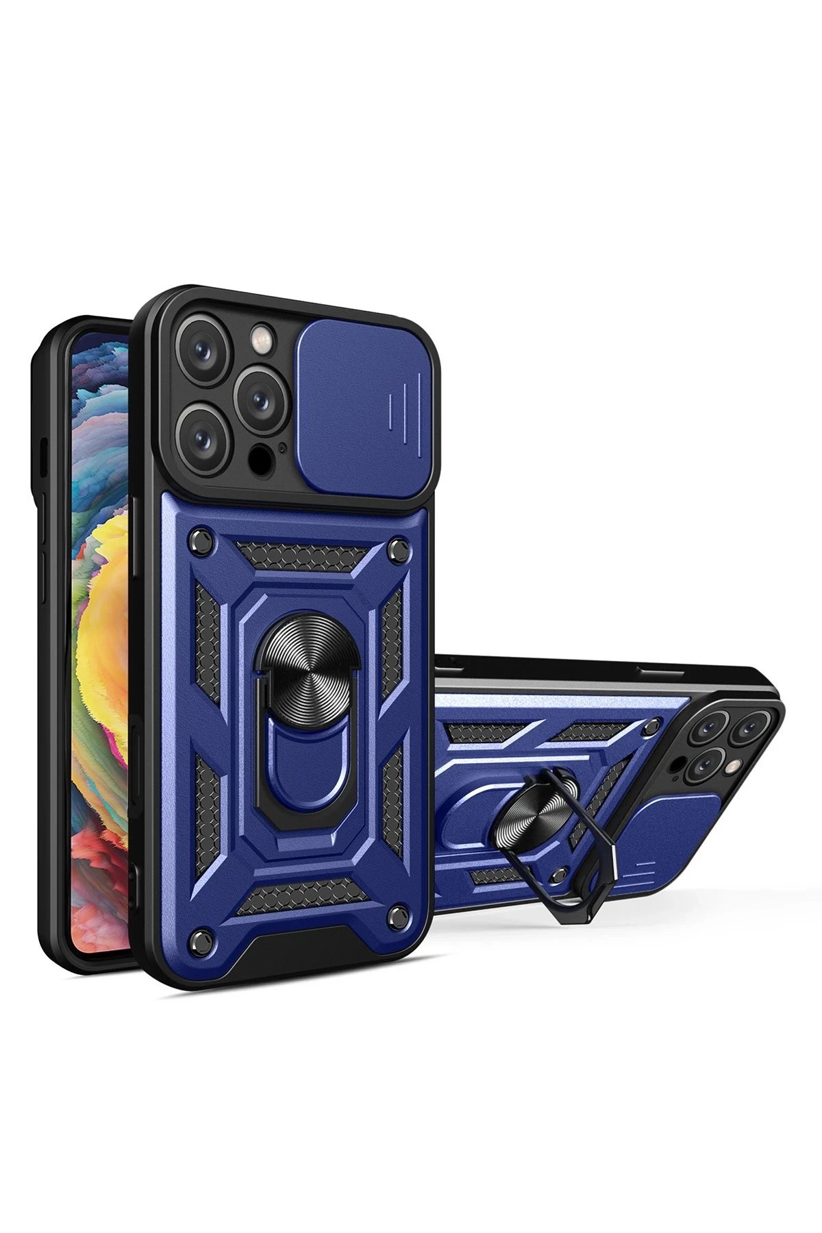iPhone 16 Pro Kılıf Pars Lens Yüzüklü Silikon - Lacivert-(5796)
