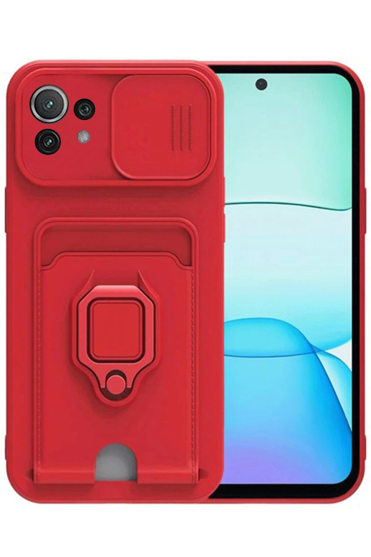Xiaomi Mİ 11 Lite Kılıf Zuma Kartvizitli Yüzüklü Silikon - Kırmızı-(5796)