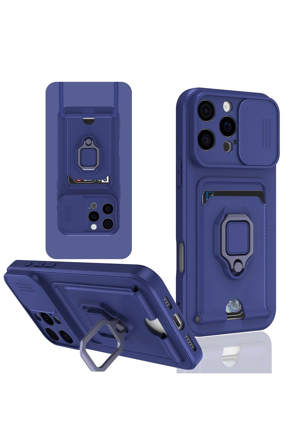 iPhone 16 Pro Kılıf Zuma Kartvizitli Yüzüklü Silikon - Lacivert-(5796)
