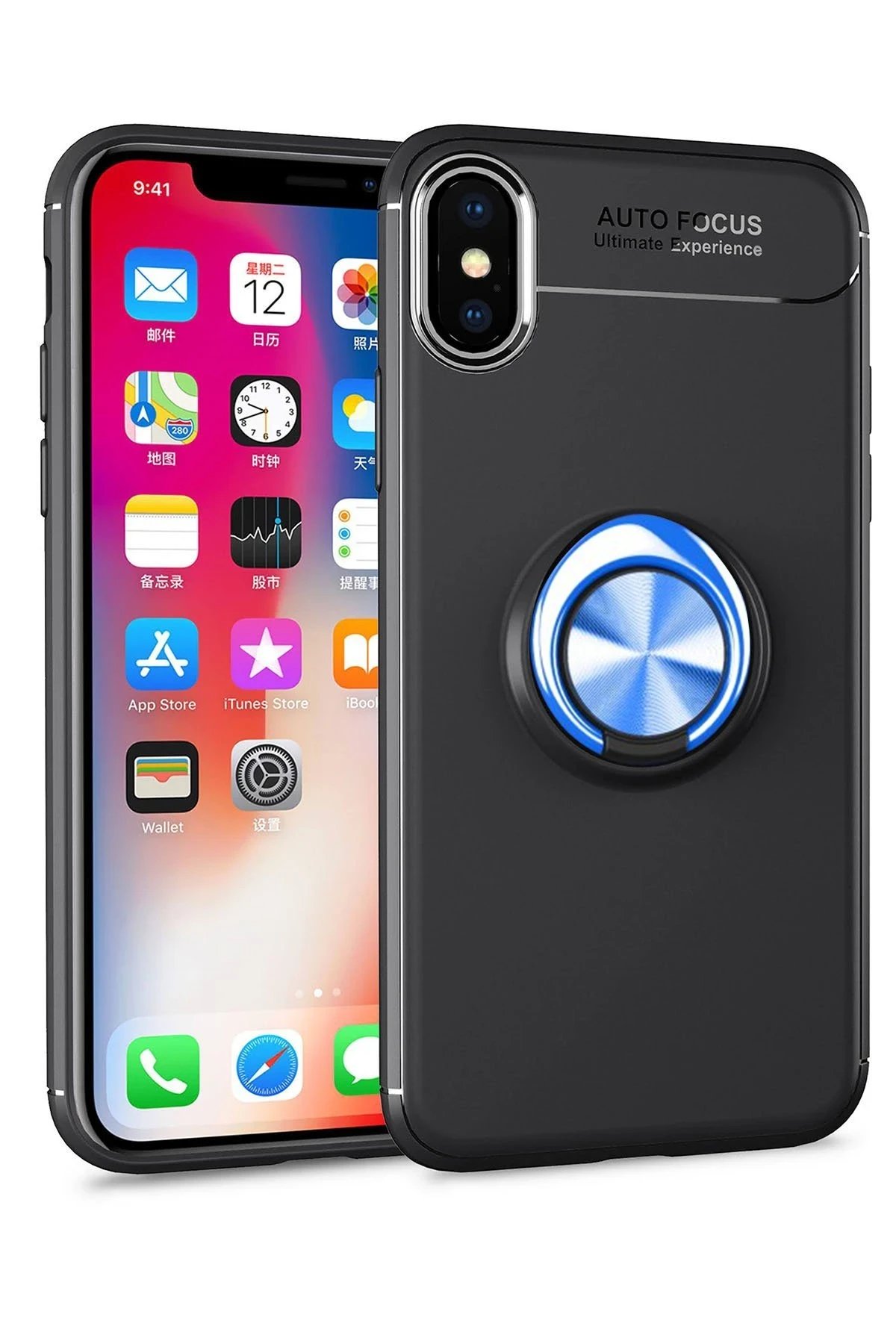 iPhone XS Max Kılıf Range Yüzüklü Silikon - Siyah-Mavi-(5796)