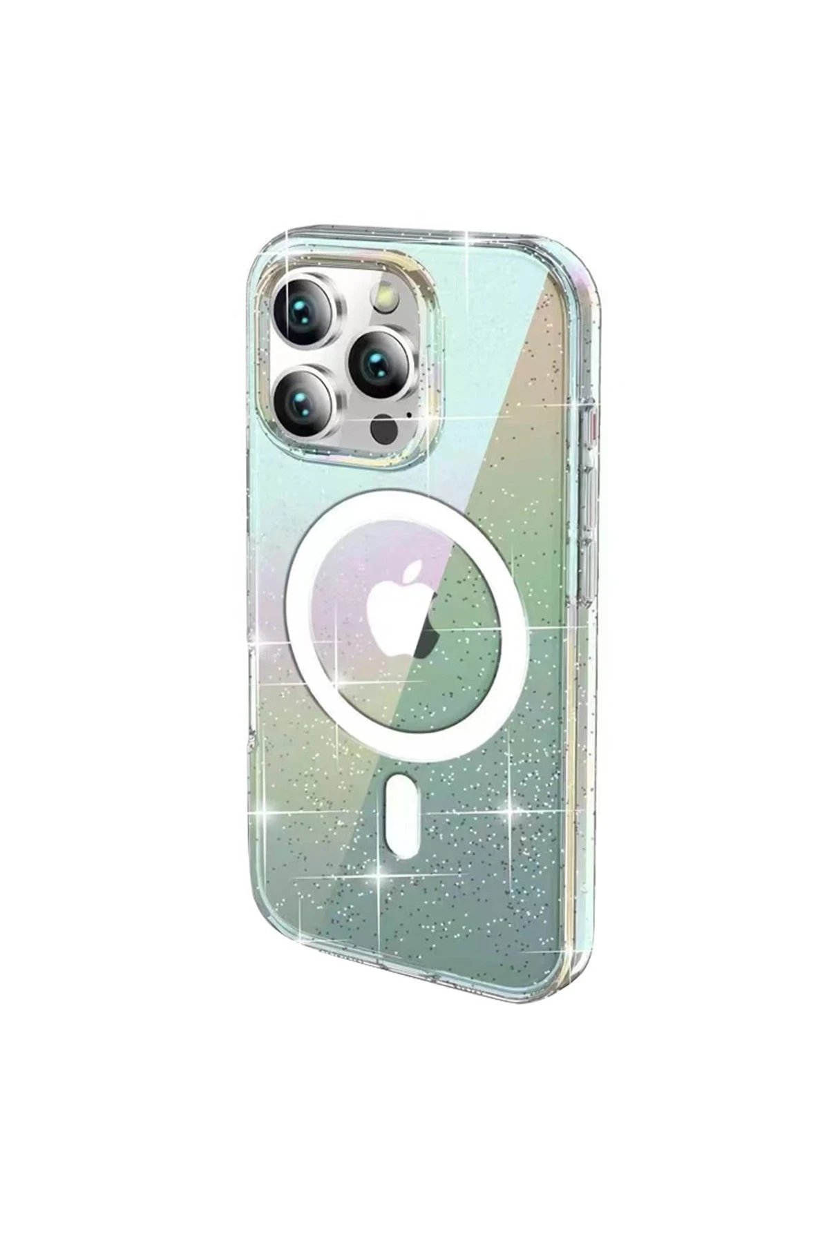 iPhone 15 Pro Max Rasasi Simli Magsafe Kapak - Şeffaf-(5796)
